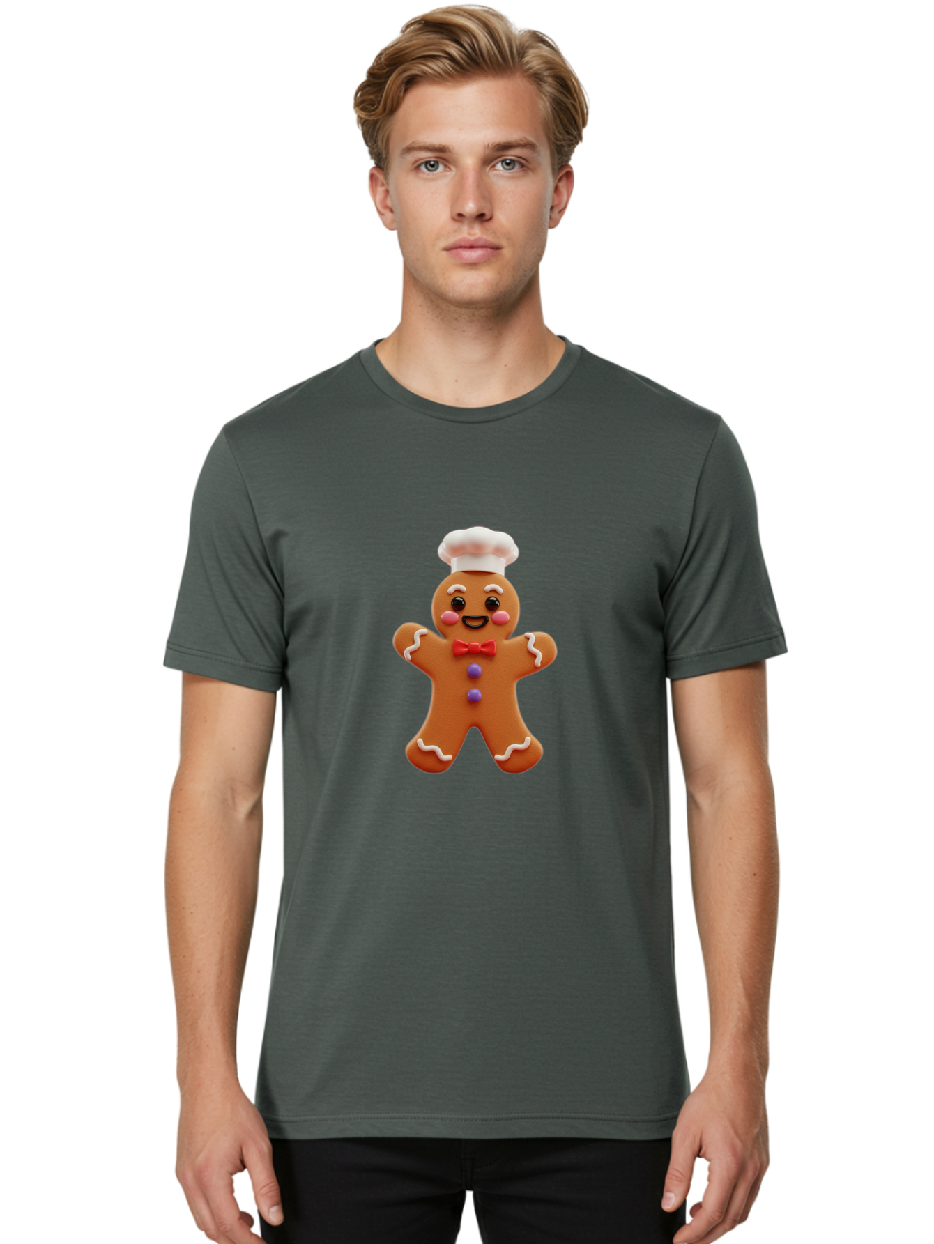 Gingerbread-Man-2 Men'S Graphic Tee, 100% Cotton, Comfortable Casual Summer Wear, Machine Washable, Gingerbread Man, Holiday Treat, Baking Delight, Festive Dessert, Red Bow Tie, Chef'S Hat, Sweet Character, Christmas Cookie Bab950
