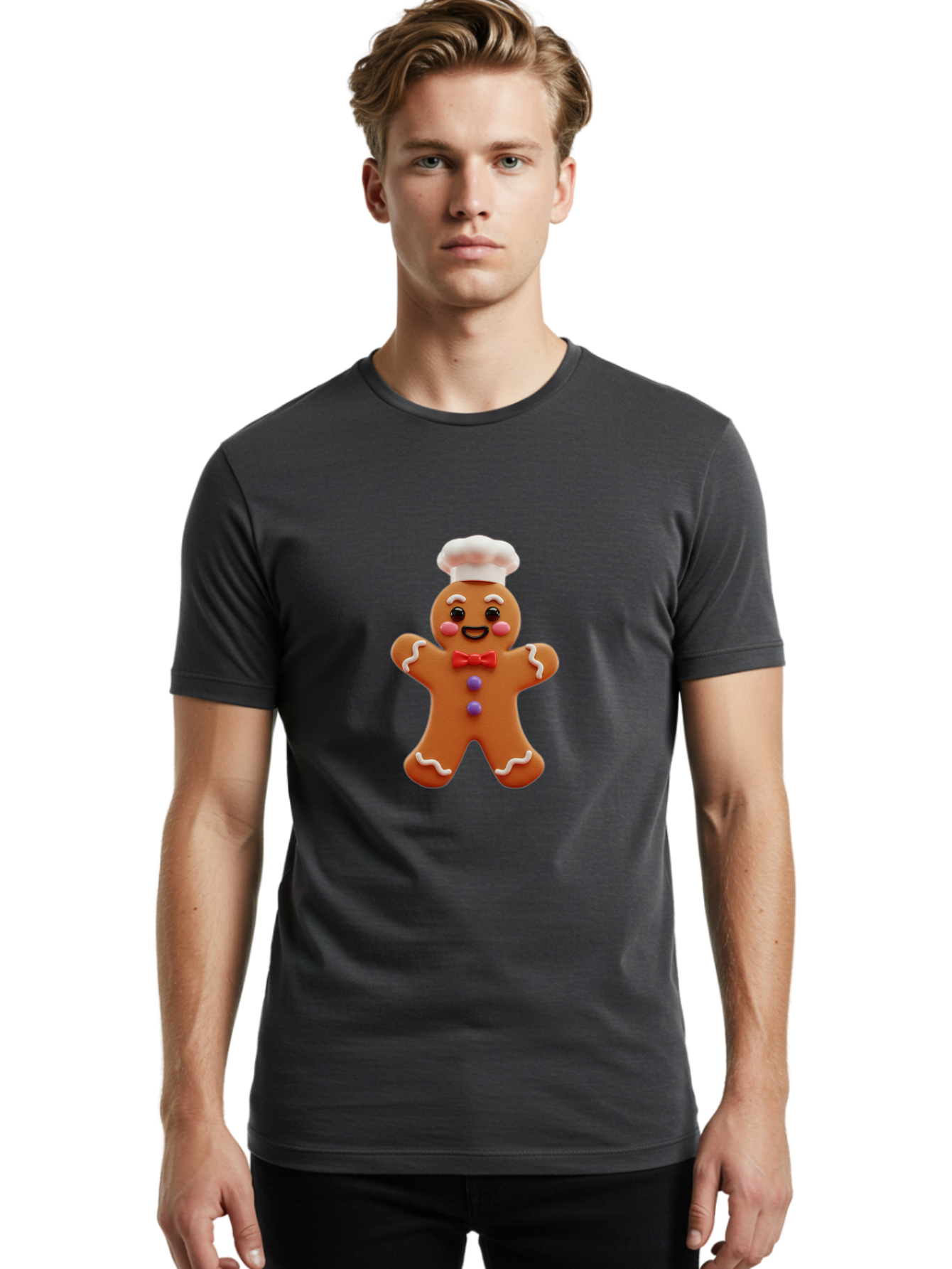 Gingerbread-Man-2 Men'S Graphic Tee, 100% Cotton, Comfortable Casual Summer Wear, Machine Washable, Gingerbread Man, Holiday Treat, Baking Delight, Festive Dessert, Red Bow Tie, Chef'S Hat, Sweet Character, Christmas Cookie Bab950