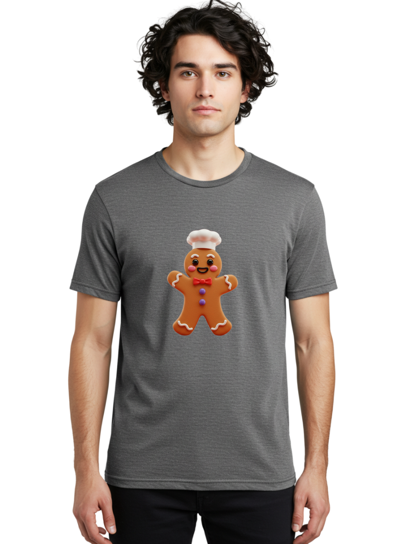Gingerbread-Man-2 Men'S Graphic Tee, 100% Cotton, Comfortable Casual Summer Wear, Machine Washable, Gingerbread Man, Holiday Treat, Baking Delight, Festive Dessert, Red Bow Tie, Chef'S Hat, Sweet Character, Christmas Cookie Bab950