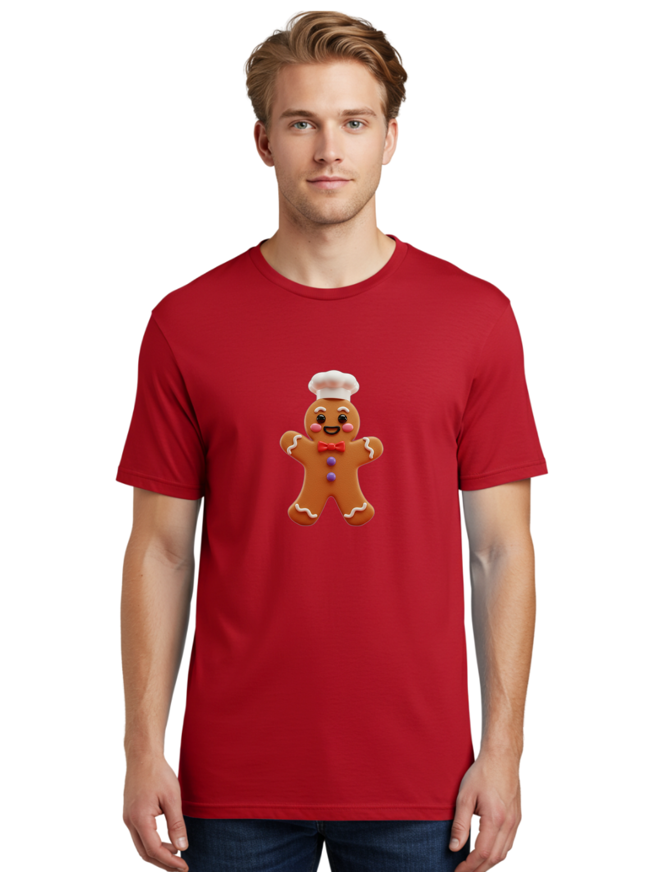 Gingerbread-Man-2 Men'S Graphic Tee, 100% Cotton, Comfortable Casual Summer Wear, Machine Washable, Gingerbread Man, Holiday Treat, Baking Delight, Festive Dessert, Red Bow Tie, Chef'S Hat, Sweet Character, Christmas Cookie Bab950