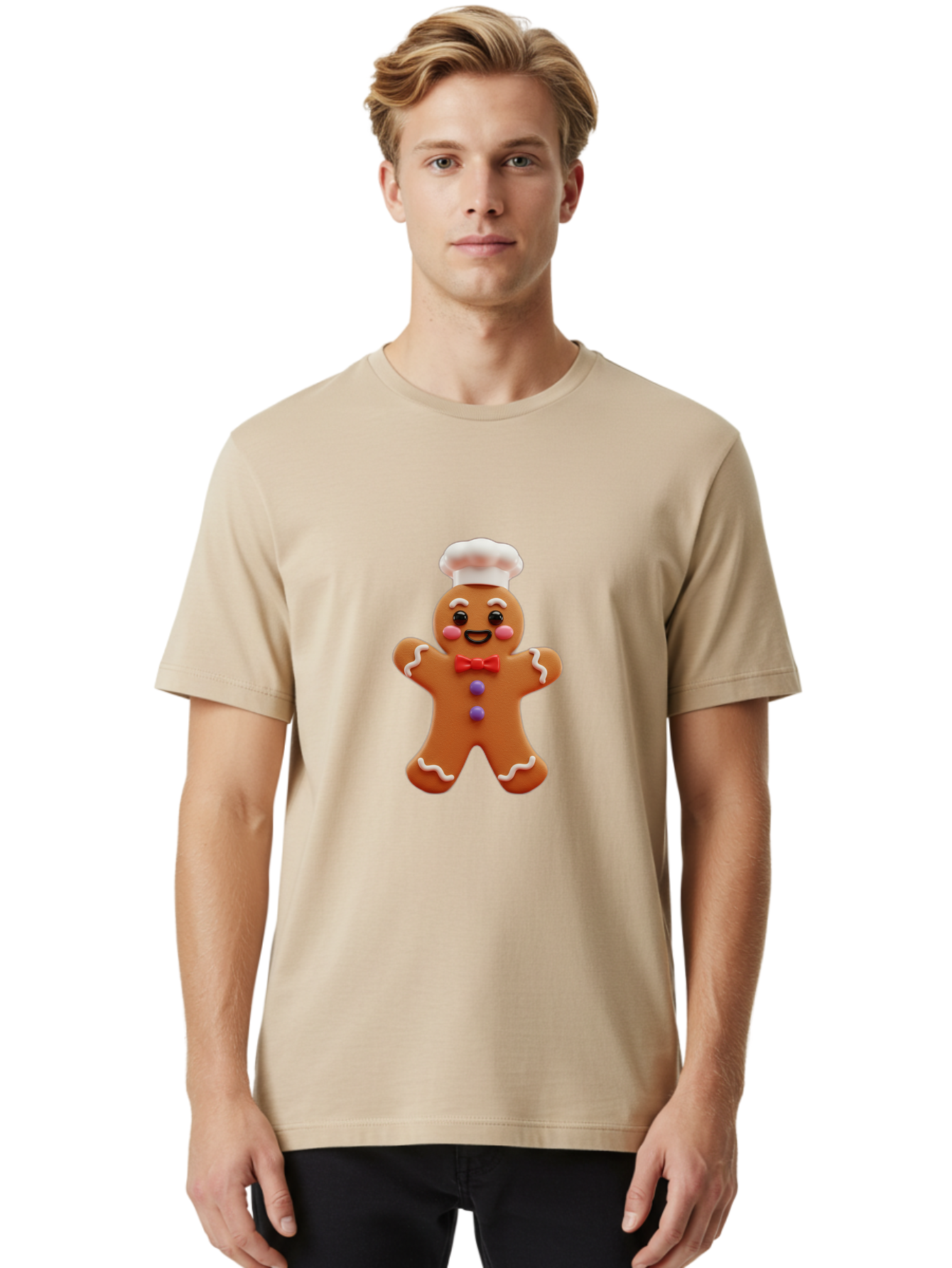 Gingerbread-Man-2 Men'S Graphic Tee, 100% Cotton, Comfortable Casual Summer Wear, Machine Washable, Gingerbread Man, Holiday Treat, Baking Delight, Festive Dessert, Red Bow Tie, Chef'S Hat, Sweet Character, Christmas Cookie Bab950