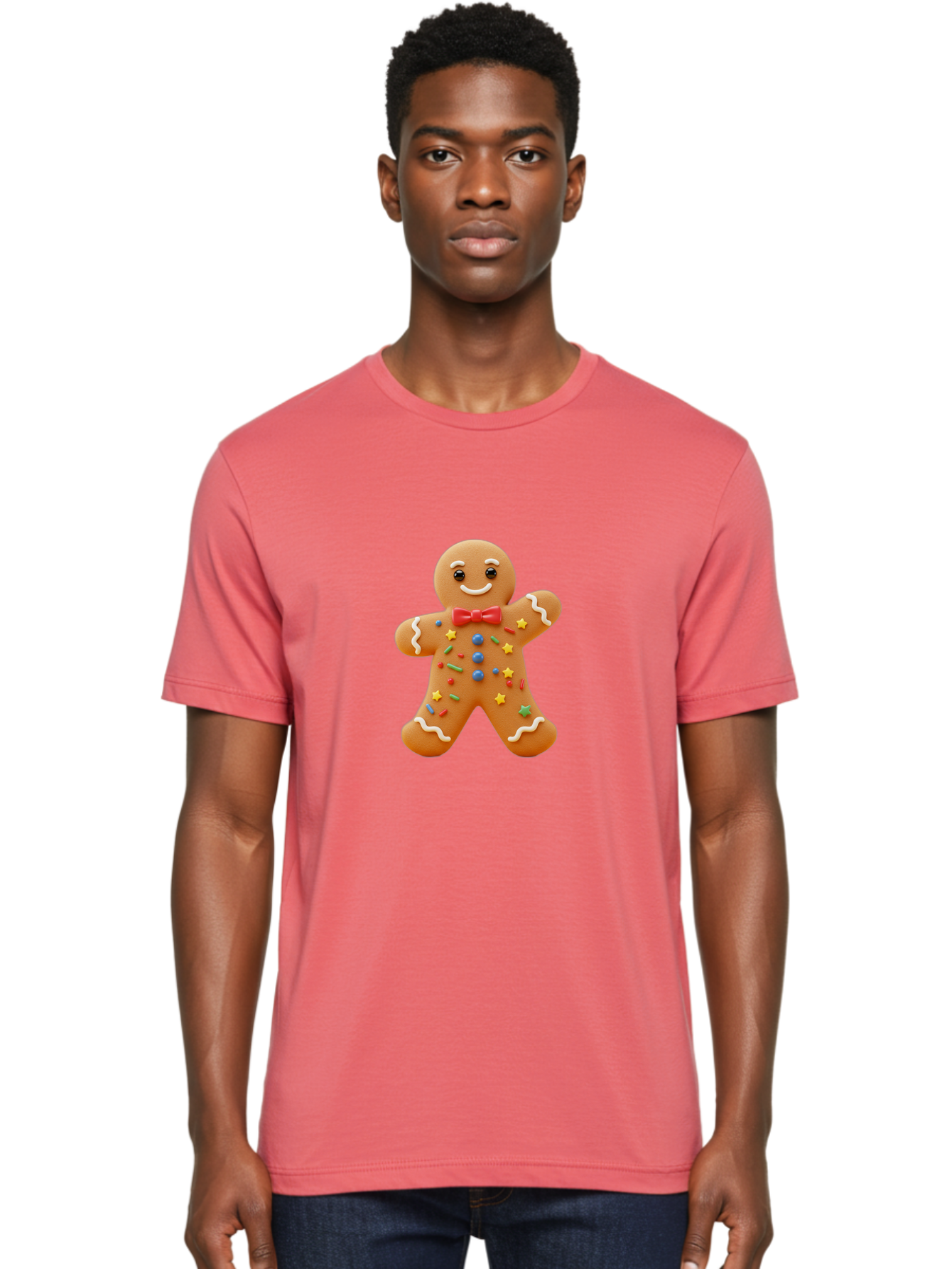 Gingerbread-Man-4 Men'S Graphic Tee, 100% Cotton, Comfortable Casual Summer Wear, Machine Washable, Gingerbread Man, Festive Treat, Holiday Cookie, Icing Decorations, Colorful Sprinkles, Red Bow Tie, Cartoon Character, Sweet Delight, Baking, Bab952