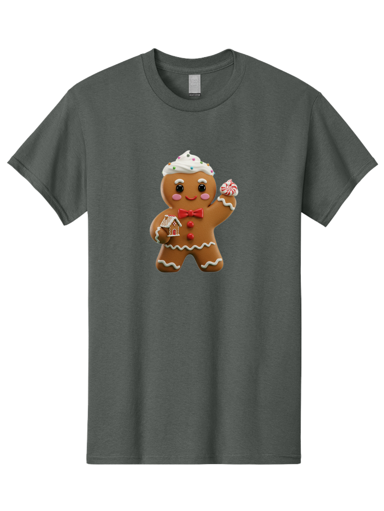 Gingerbread-Man-5 Men'S Graphic Tee, 100% Cotton, Comfortable Casual Summer Wear, Machine Washable, Gingerbread Man, Holiday Treat, Festive Dessert, Candy Decorations, Icing Details, Red Bow Tie, Red Buttons, Gingerbread House, Candy Cane, Bab953