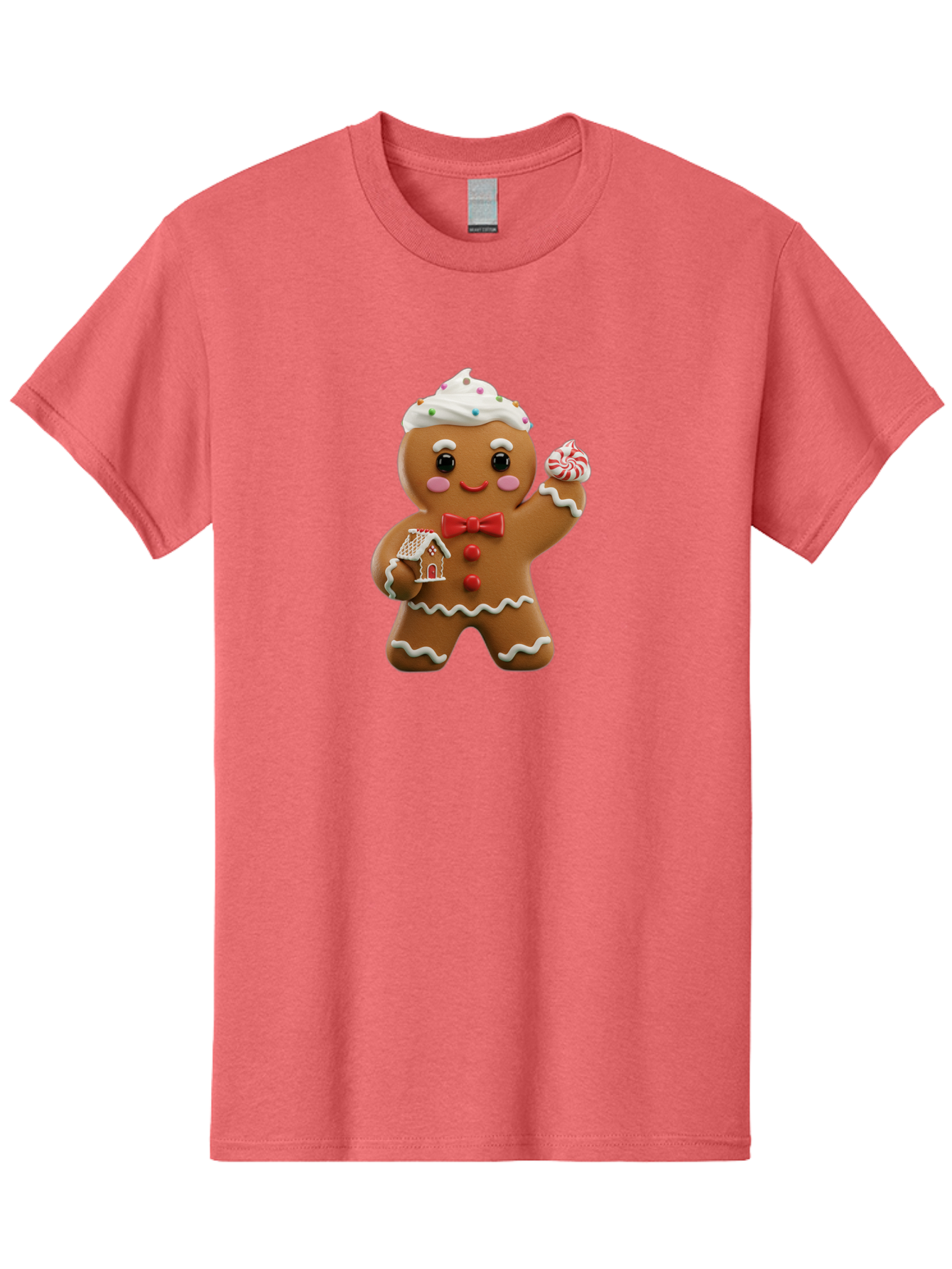 Gingerbread-Man-5 Men'S Graphic Tee, 100% Cotton, Comfortable Casual Summer Wear, Machine Washable, Gingerbread Man, Holiday Treat, Festive Dessert, Candy Decorations, Icing Details, Red Bow Tie, Red Buttons, Gingerbread House, Candy Cane, Bab953
