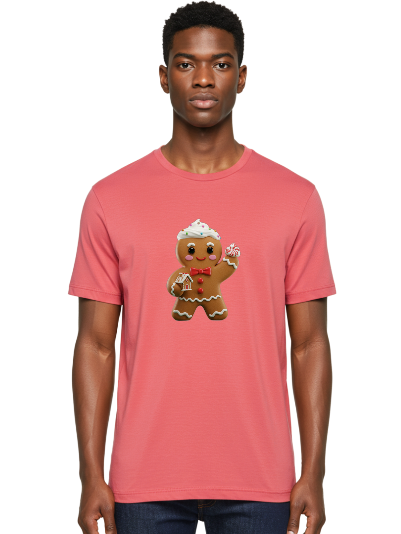 Gingerbread-Man-5 Men'S Graphic Tee, 100% Cotton, Comfortable Casual Summer Wear, Machine Washable, Gingerbread Man, Holiday Treat, Festive Dessert, Candy Decorations, Icing Details, Red Bow Tie, Red Buttons, Gingerbread House, Candy Cane, Bab953