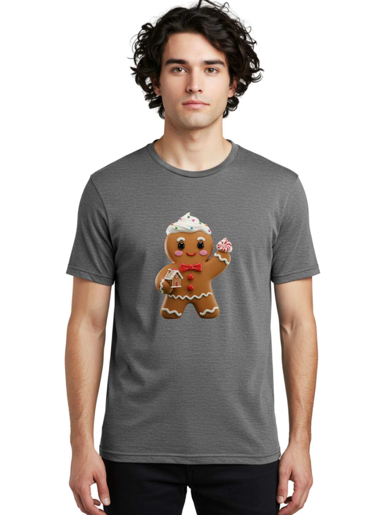 Gingerbread-Man-5 Men'S Graphic Tee, 100% Cotton, Comfortable Casual Summer Wear, Machine Washable, Gingerbread Man, Holiday Treat, Festive Dessert, Candy Decorations, Icing Details, Red Bow Tie, Red Buttons, Gingerbread House, Candy Cane, Bab953