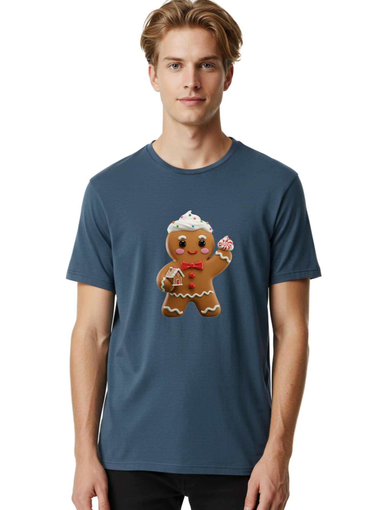 Gingerbread-Man-5 Men'S Graphic Tee, 100% Cotton, Comfortable Casual Summer Wear, Machine Washable, Gingerbread Man, Holiday Treat, Festive Dessert, Candy Decorations, Icing Details, Red Bow Tie, Red Buttons, Gingerbread House, Candy Cane, Bab953