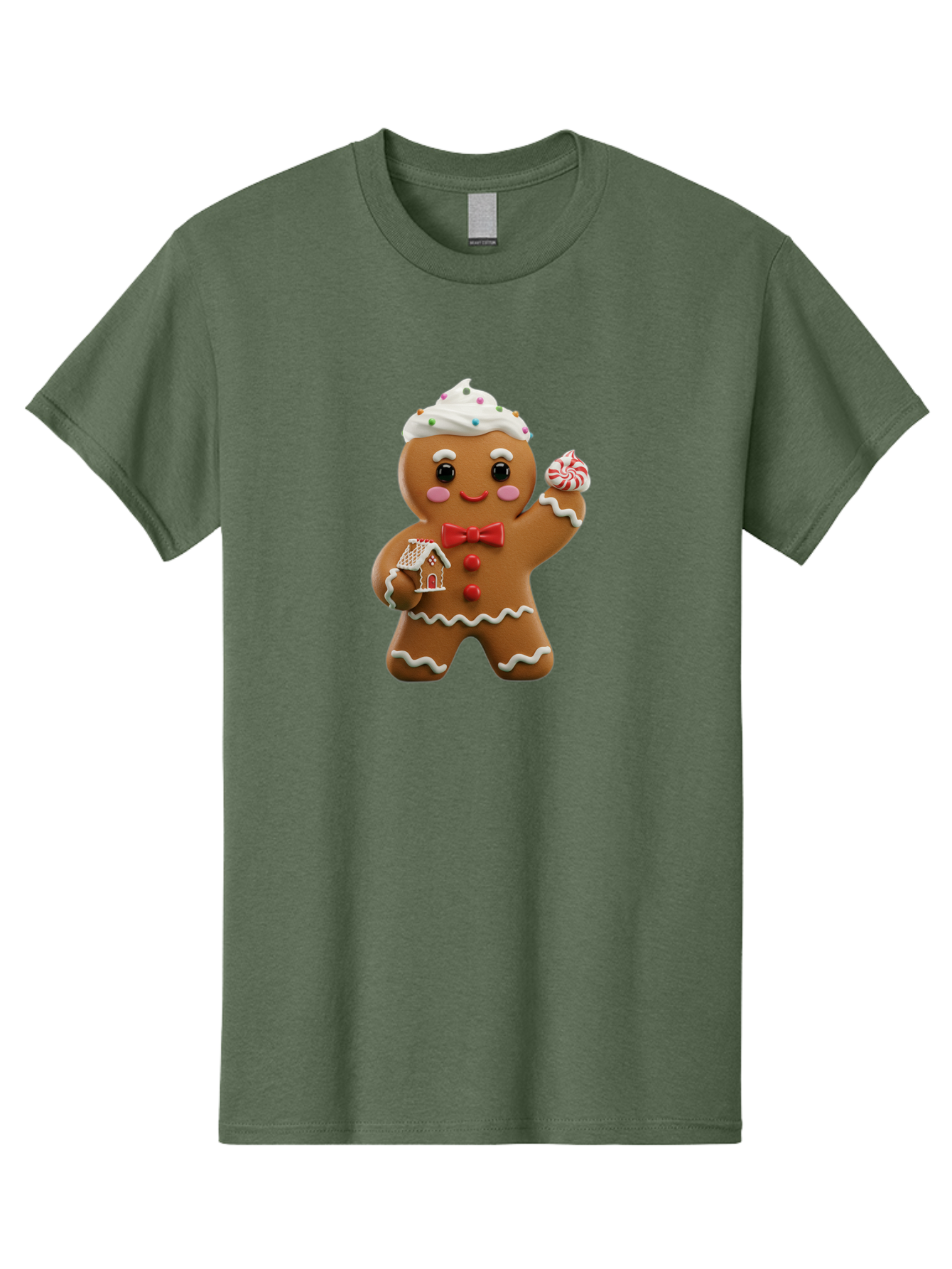 Gingerbread-Man-5 Men'S Graphic Tee, 100% Cotton, Comfortable Casual Summer Wear, Machine Washable, Gingerbread Man, Holiday Treat, Festive Dessert, Candy Decorations, Icing Details, Red Bow Tie, Red Buttons, Gingerbread House, Candy Cane, Bab953