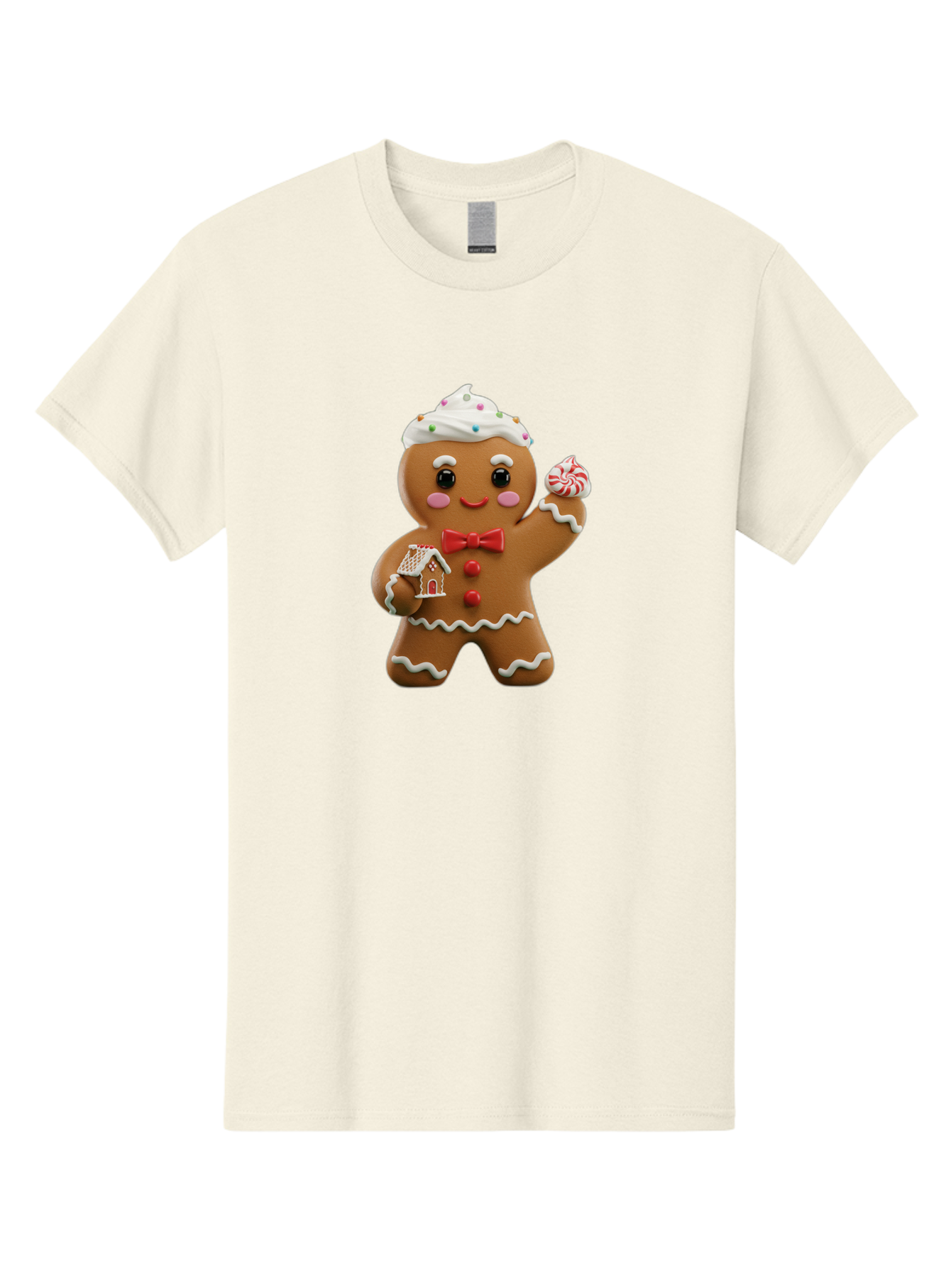 Gingerbread-Man-5 Men'S Graphic Tee, 100% Cotton, Comfortable Casual Summer Wear, Machine Washable, Gingerbread Man, Holiday Treat, Festive Dessert, Candy Decorations, Icing Details, Red Bow Tie, Red Buttons, Gingerbread House, Candy Cane, Bab953