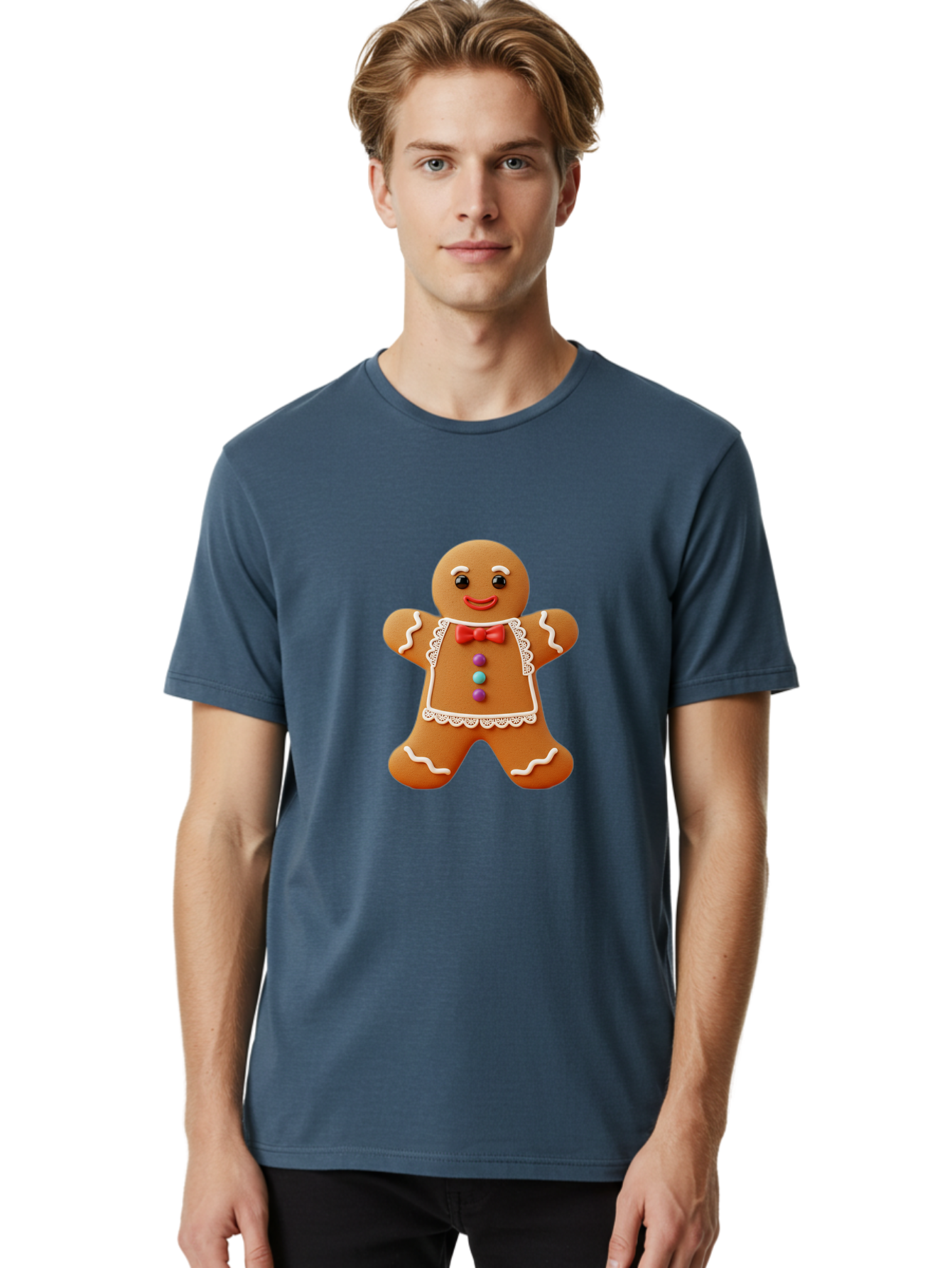 Gingerbread-Man-7 Men'S Graphic Tee, 100% Cotton, Comfortable Casual Summer Wear, Machine Washable, Gingerbread Man, Festive Holiday Treat, Sweet Cookie, Icing Details, Red Bow Tie, Colorful Candy Buttons, Cartoon Style, Whimsical Design, Bab955