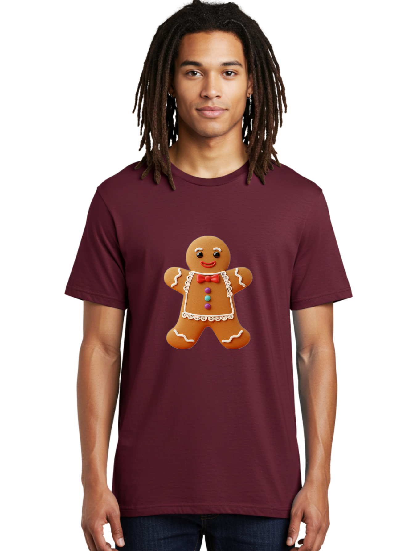 Gingerbread-Man-7 Men'S Graphic Tee, 100% Cotton, Comfortable Casual Summer Wear, Machine Washable, Gingerbread Man, Festive Holiday Treat, Sweet Cookie, Icing Details, Red Bow Tie, Colorful Candy Buttons, Cartoon Style, Whimsical Design, Bab955