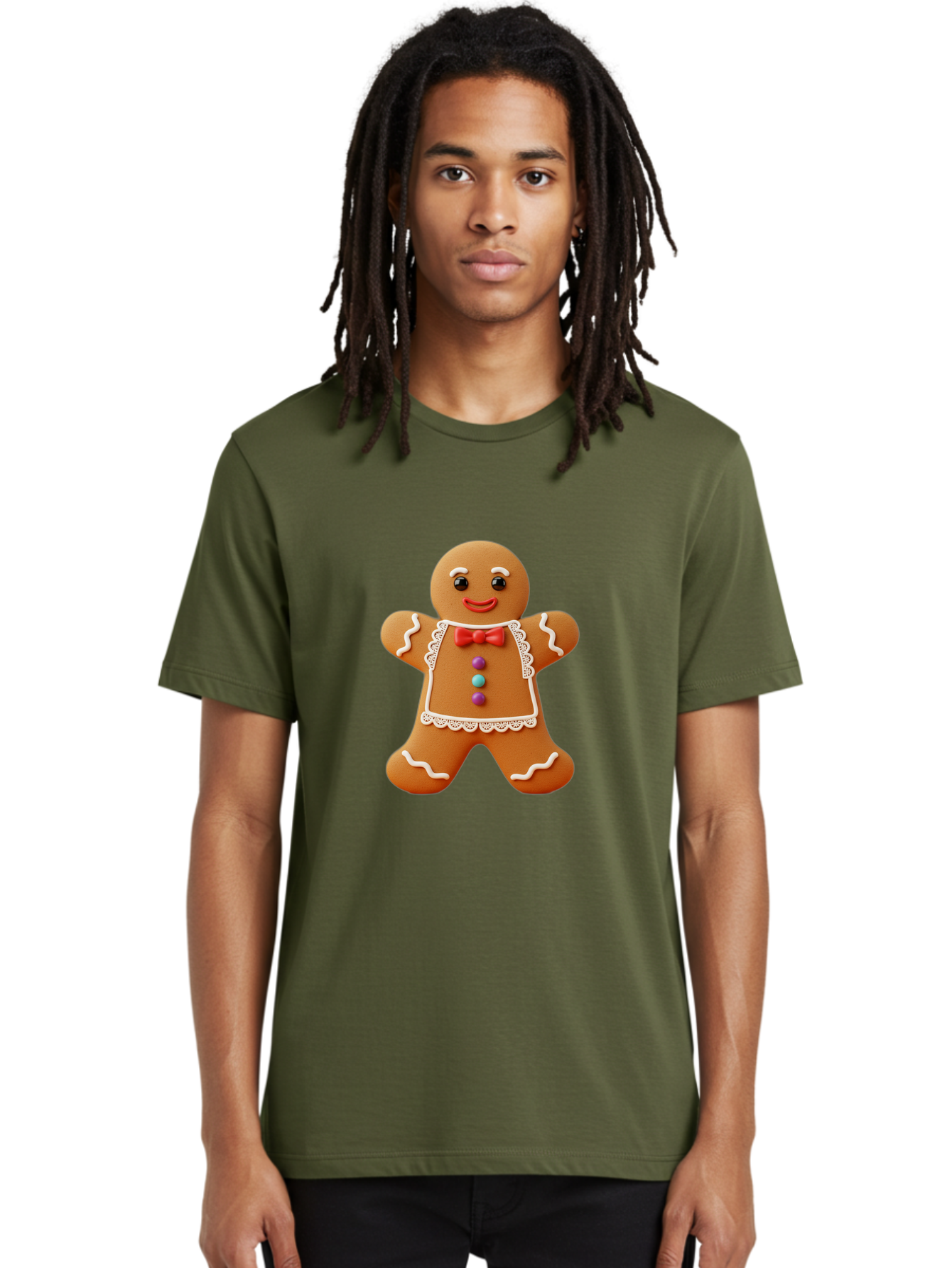 Gingerbread-Man-7 Men'S Graphic Tee, 100% Cotton, Comfortable Casual Summer Wear, Machine Washable, Gingerbread Man, Festive Holiday Treat, Sweet Cookie, Icing Details, Red Bow Tie, Colorful Candy Buttons, Cartoon Style, Whimsical Design, Bab955