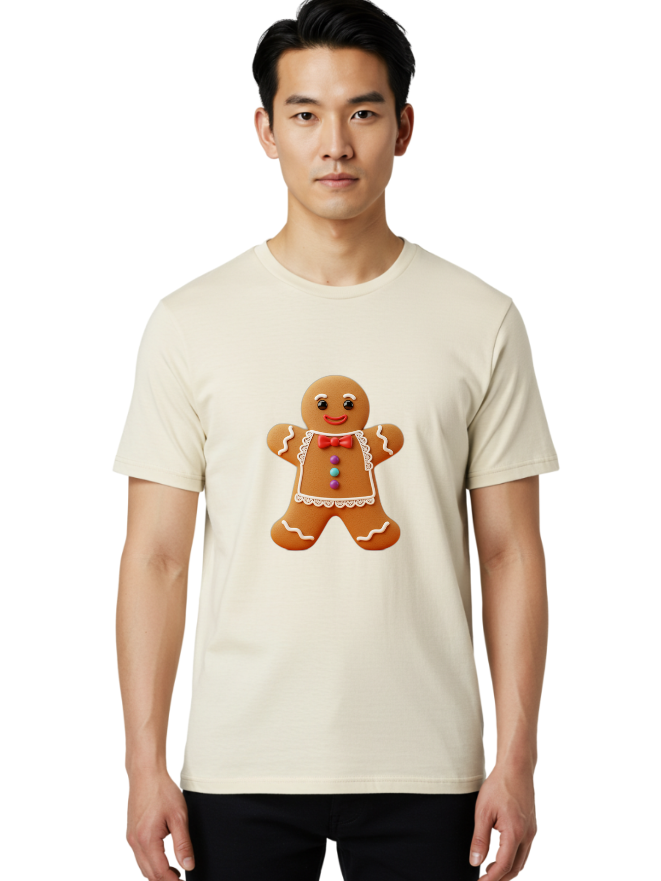 Gingerbread-Man-7 Men'S Graphic Tee, 100% Cotton, Comfortable Casual Summer Wear, Machine Washable, Gingerbread Man, Festive Holiday Treat, Sweet Cookie, Icing Details, Red Bow Tie, Colorful Candy Buttons, Cartoon Style, Whimsical Design, Bab955
