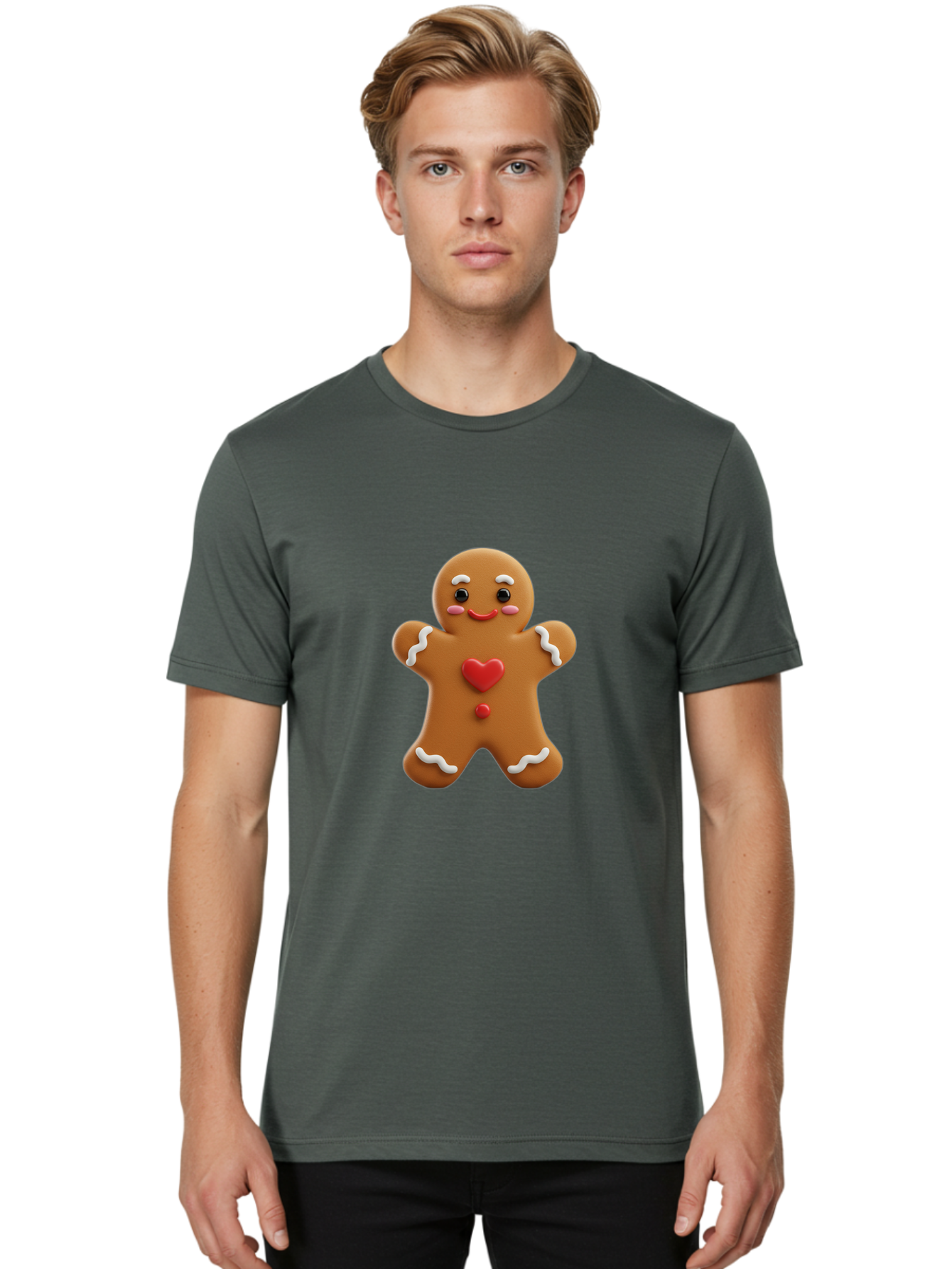 Gingerbread-Man-8 Men'S Graphic Tee, 100% Cotton, Comfortable Casual Summer Wear, Machine Washable, 3D Gingerbread Man, Festive Holiday Treat, Cartoon Character, White Icing Details, Red Heart Decoration, Sweet Indulgence, Christmas Cookie, Bab956