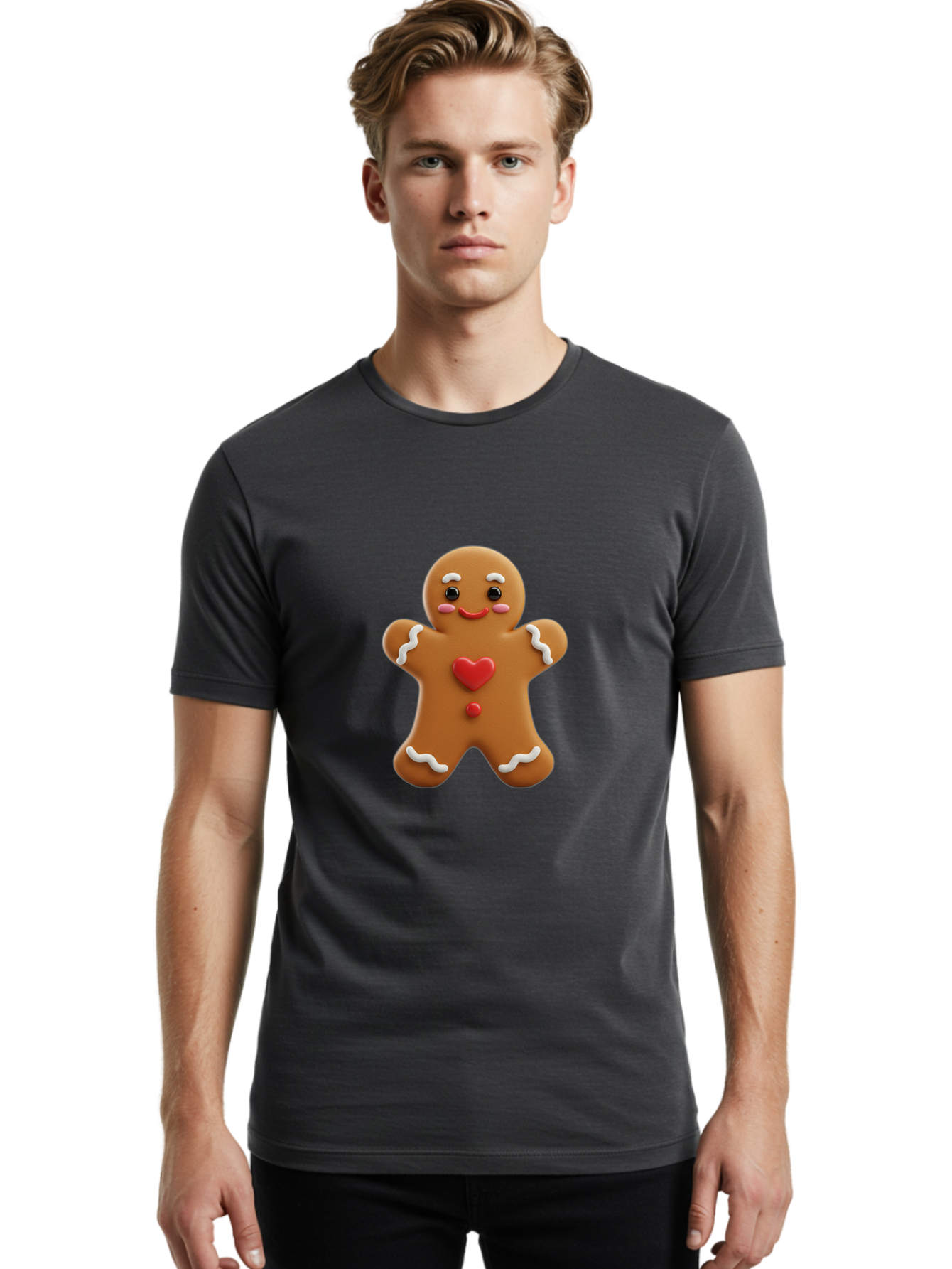 Gingerbread-Man-8 Men'S Graphic Tee, 100% Cotton, Comfortable Casual Summer Wear, Machine Washable, 3D Gingerbread Man, Festive Holiday Treat, Cartoon Character, White Icing Details, Red Heart Decoration, Sweet Indulgence, Christmas Cookie, Bab956