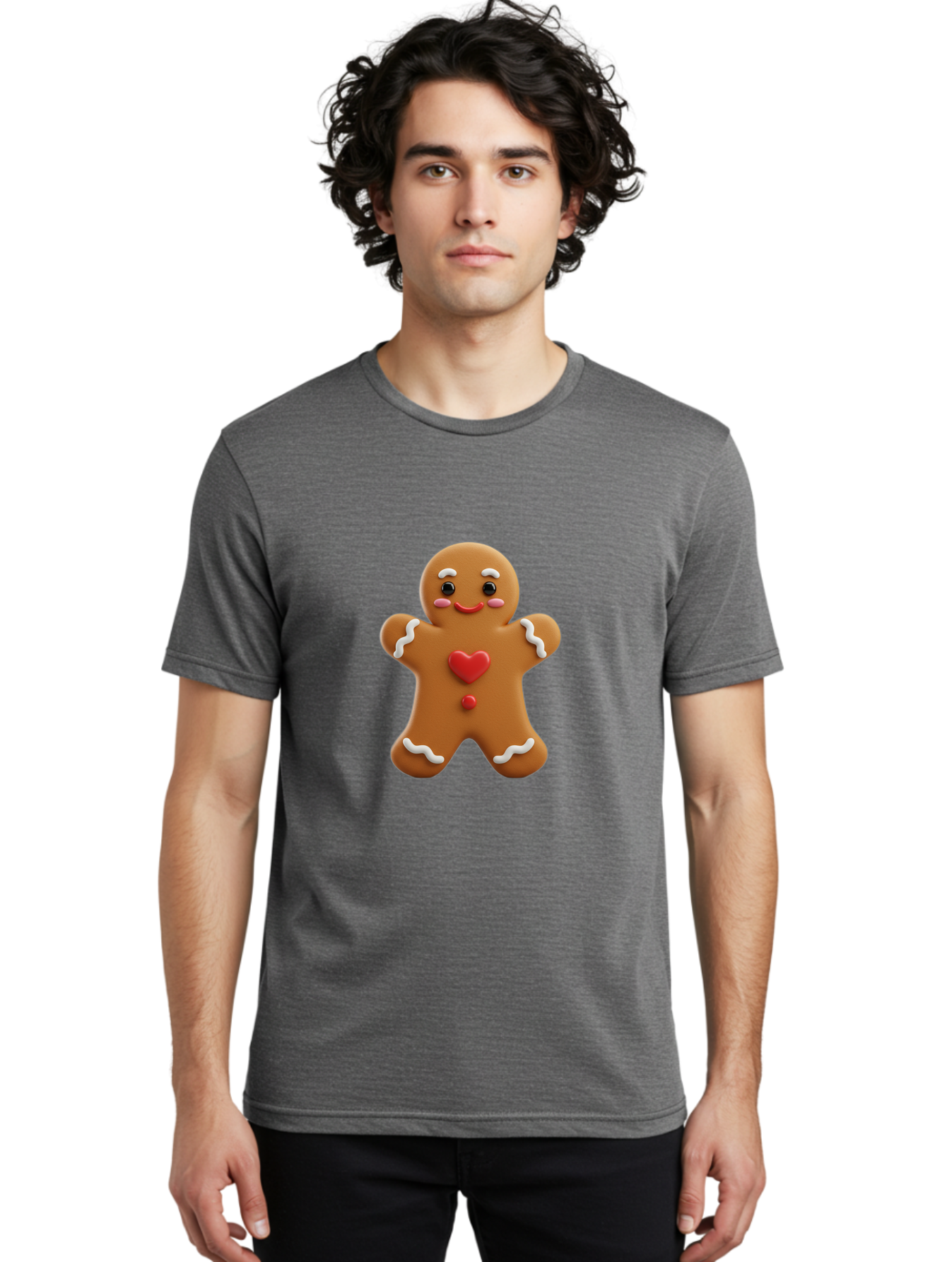 Gingerbread-Man-8 Men'S Graphic Tee, 100% Cotton, Comfortable Casual Summer Wear, Machine Washable, 3D Gingerbread Man, Festive Holiday Treat, Cartoon Character, White Icing Details, Red Heart Decoration, Sweet Indulgence, Christmas Cookie, Bab956