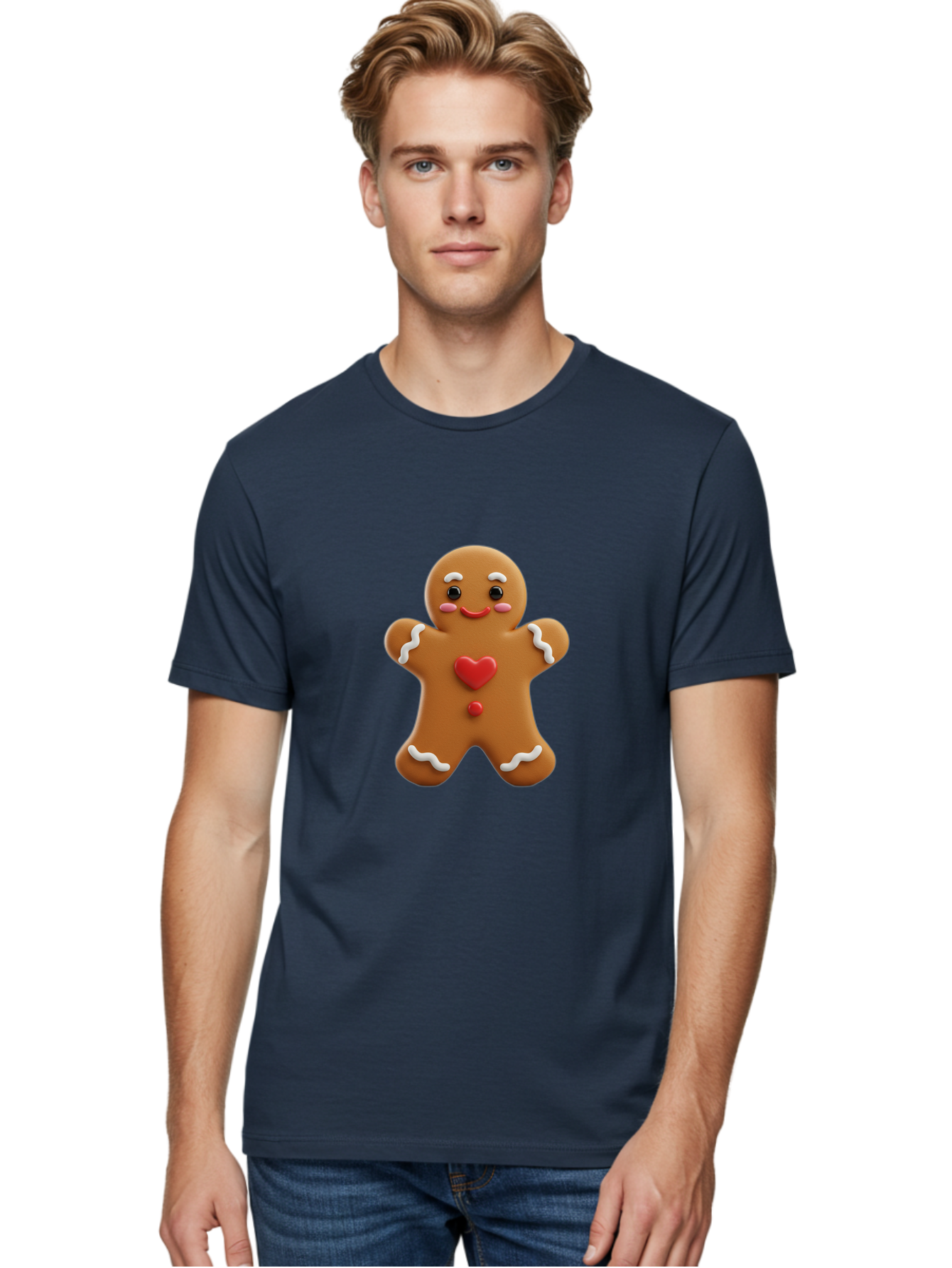 Gingerbread-Man-8 Men'S Graphic Tee, 100% Cotton, Comfortable Casual Summer Wear, Machine Washable, 3D Gingerbread Man, Festive Holiday Treat, Cartoon Character, White Icing Details, Red Heart Decoration, Sweet Indulgence, Christmas Cookie, Bab956