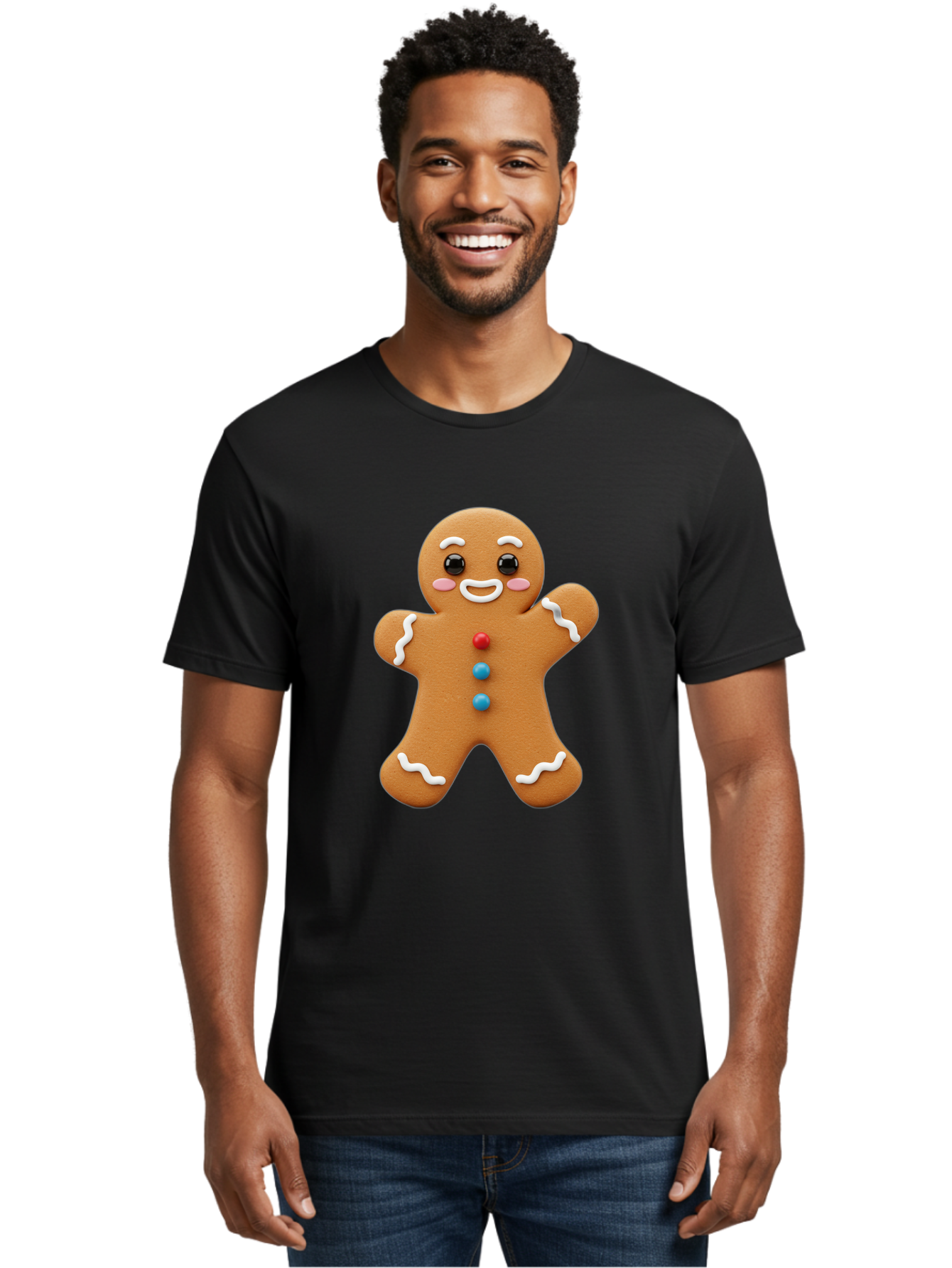 Gingerbread-Man Men'S Graphic Tee, 100% Cotton, Comfortable Casual Summer Wear, Machine Washable, Gingerbread Man, Sweet Treats, Holiday Baking, Cartoon Character, Friendly Face, White Icing, Colorful Buttons, Festive Decorations, Bab958