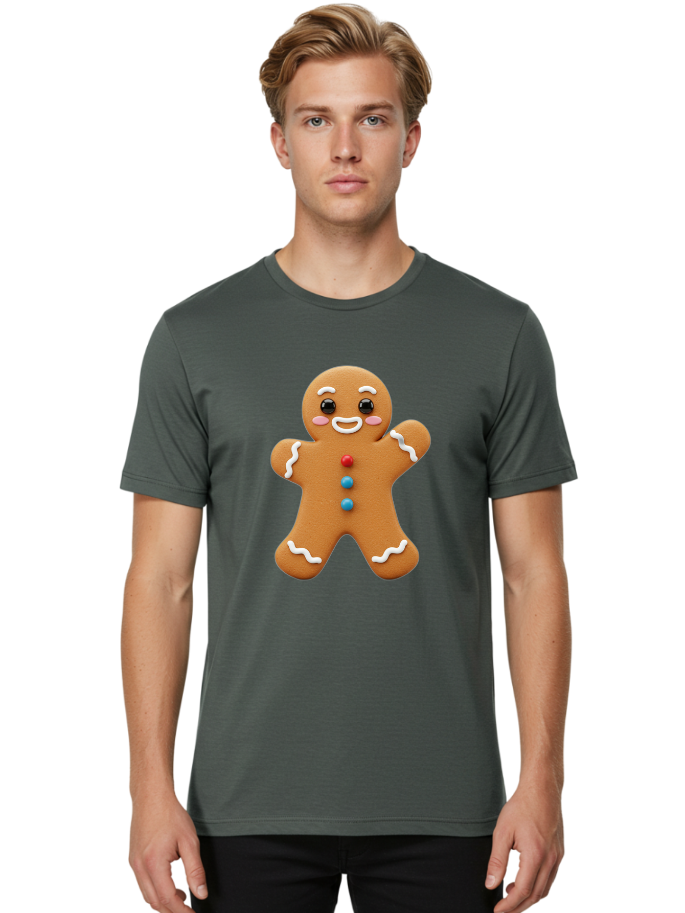 Gingerbread-Man Men'S Graphic Tee, 100% Cotton, Comfortable Casual Summer Wear, Machine Washable, Gingerbread Man, Sweet Treats, Holiday Baking, Cartoon Character, Friendly Face, White Icing, Colorful Buttons, Festive Decorations, Bab958