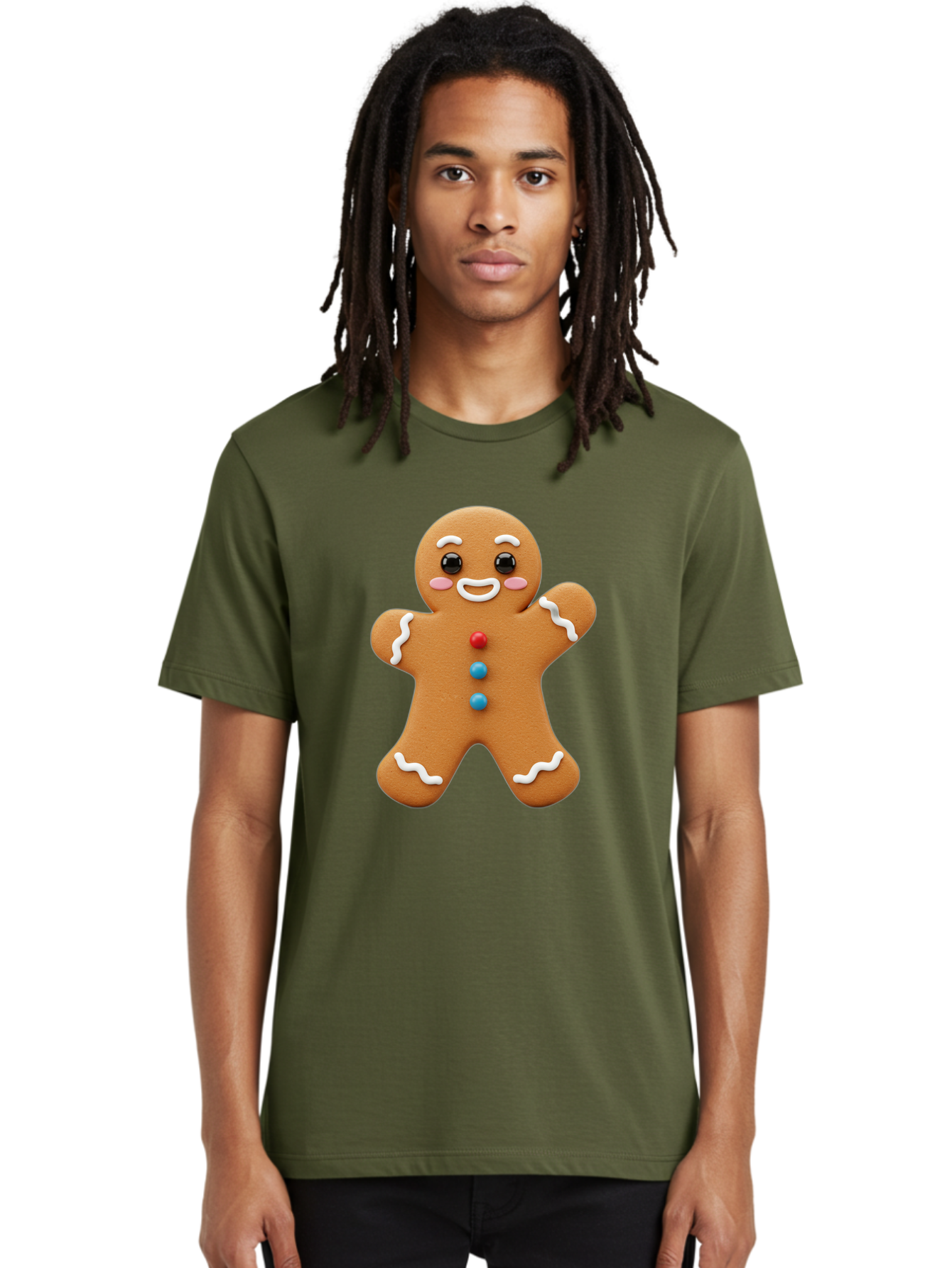 Gingerbread-Man Men'S Graphic Tee, 100% Cotton, Comfortable Casual Summer Wear, Machine Washable, Gingerbread Man, Sweet Treats, Holiday Baking, Cartoon Character, Friendly Face, White Icing, Colorful Buttons, Festive Decorations, Bab958
