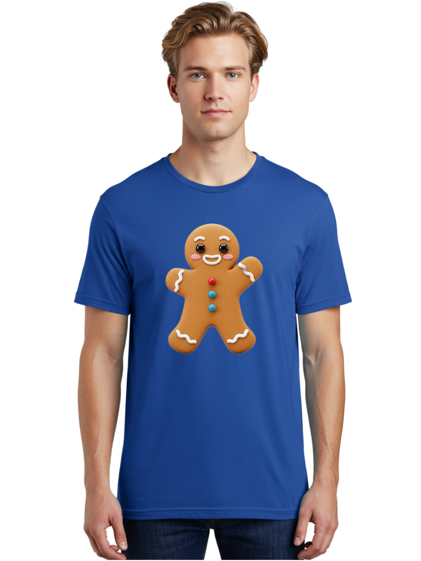 Gingerbread-Man Men'S Graphic Tee, 100% Cotton, Comfortable Casual Summer Wear, Machine Washable, Gingerbread Man, Sweet Treats, Holiday Baking, Cartoon Character, Friendly Face, White Icing, Colorful Buttons, Festive Decorations, Bab958