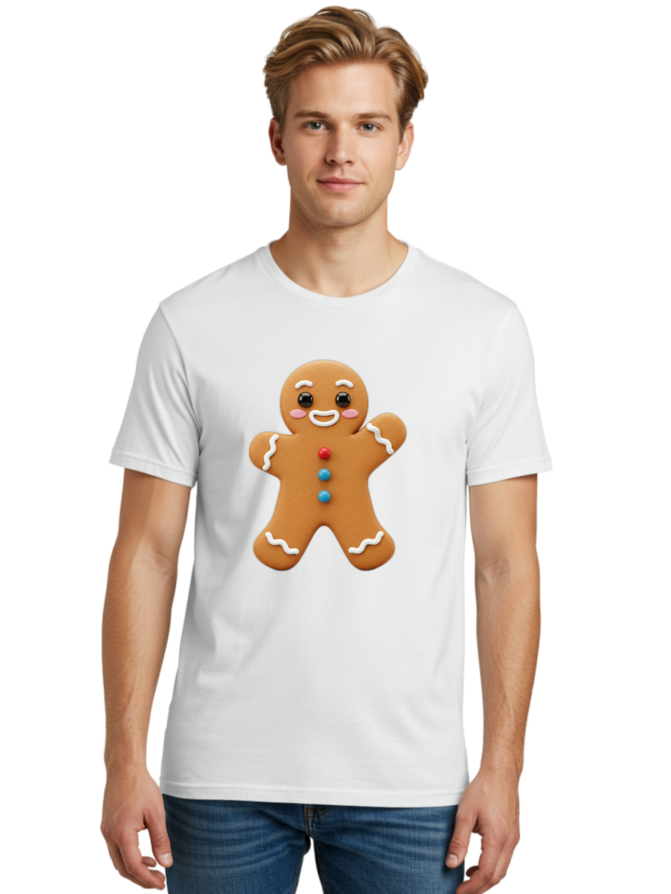 Gingerbread-Man Men'S Graphic Tee, 100% Cotton, Comfortable Casual Summer Wear, Machine Washable, Gingerbread Man, Sweet Treats, Holiday Baking, Cartoon Character, Friendly Face, White Icing, Colorful Buttons, Festive Decorations, Bab958