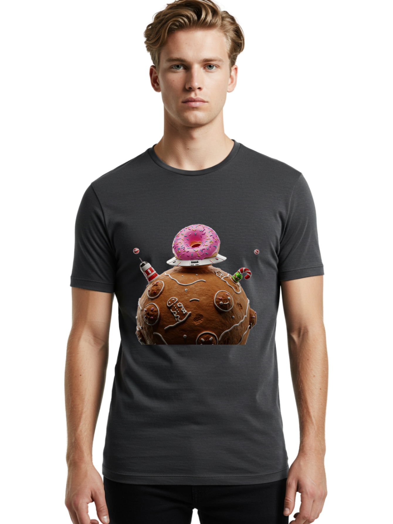Gingerbread-Planet Men'S Graphic Tee, 100% Cotton, Comfortable Casual Summer Wear, Machine Washable, Donut Spaceship, Pink Donut, Gingerbread Planet, Candy Decorations, Icing Details, Whimsical Scene, Sweet Treats, Dessert Art, Ufo, Spaceship, Bab959