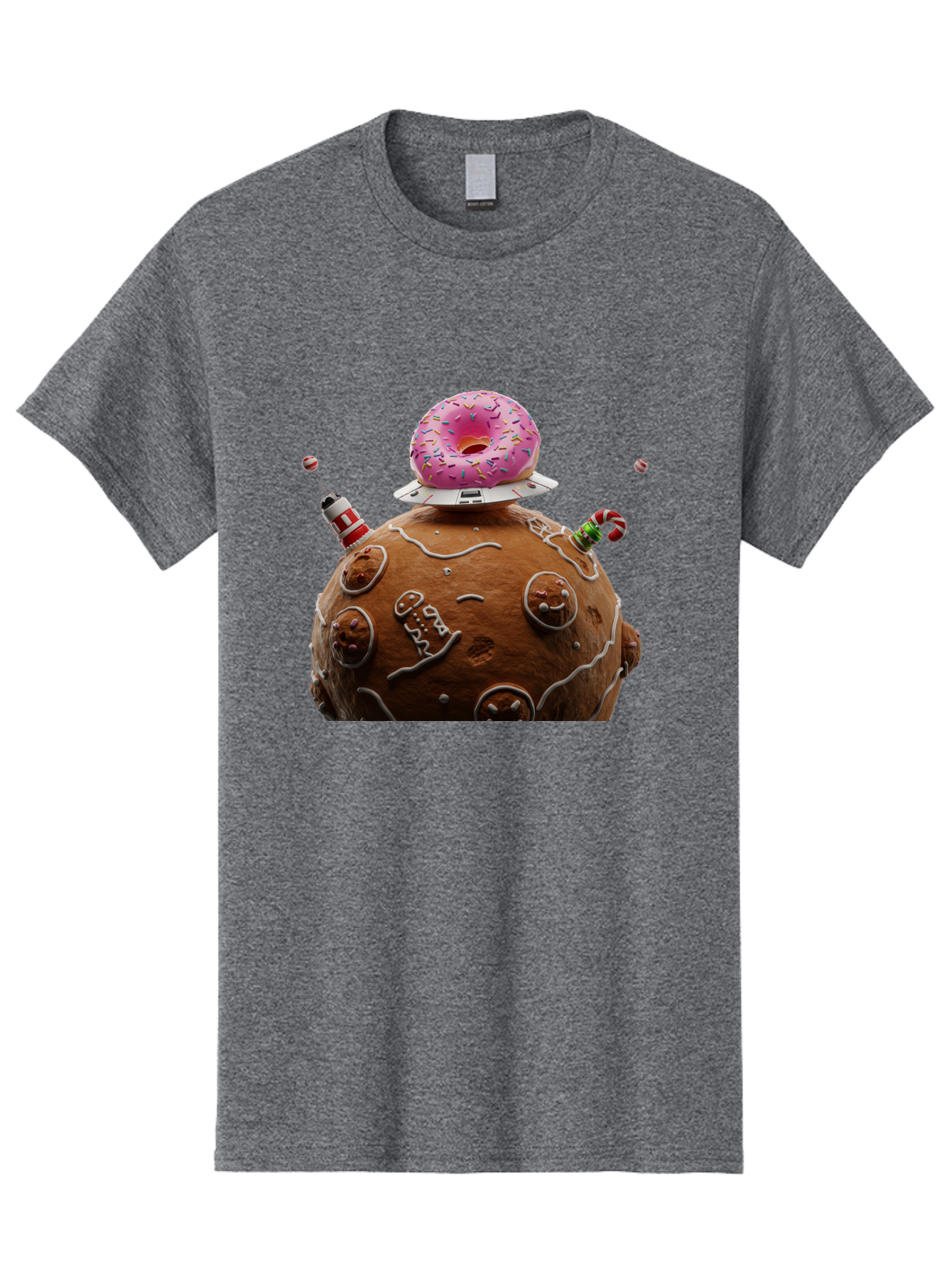 Gingerbread-Planet Men'S Graphic Tee, 100% Cotton, Comfortable Casual Summer Wear, Machine Washable, Donut Spaceship, Pink Donut, Gingerbread Planet, Candy Decorations, Icing Details, Whimsical Scene, Sweet Treats, Dessert Art, Ufo, Spaceship, Bab959