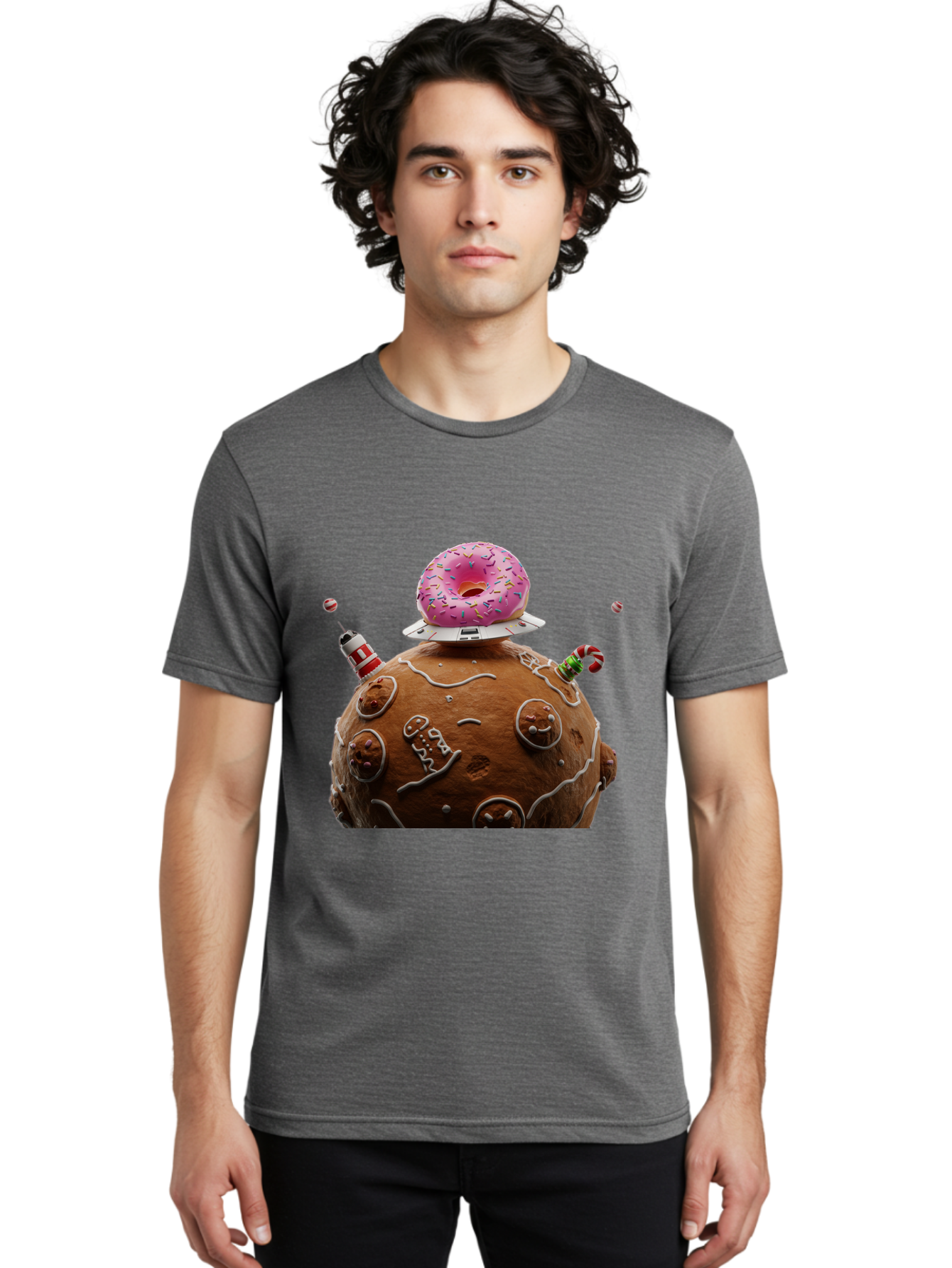 Gingerbread-Planet Men'S Graphic Tee, 100% Cotton, Comfortable Casual Summer Wear, Machine Washable, Donut Spaceship, Pink Donut, Gingerbread Planet, Candy Decorations, Icing Details, Whimsical Scene, Sweet Treats, Dessert Art, Ufo, Spaceship, Bab959