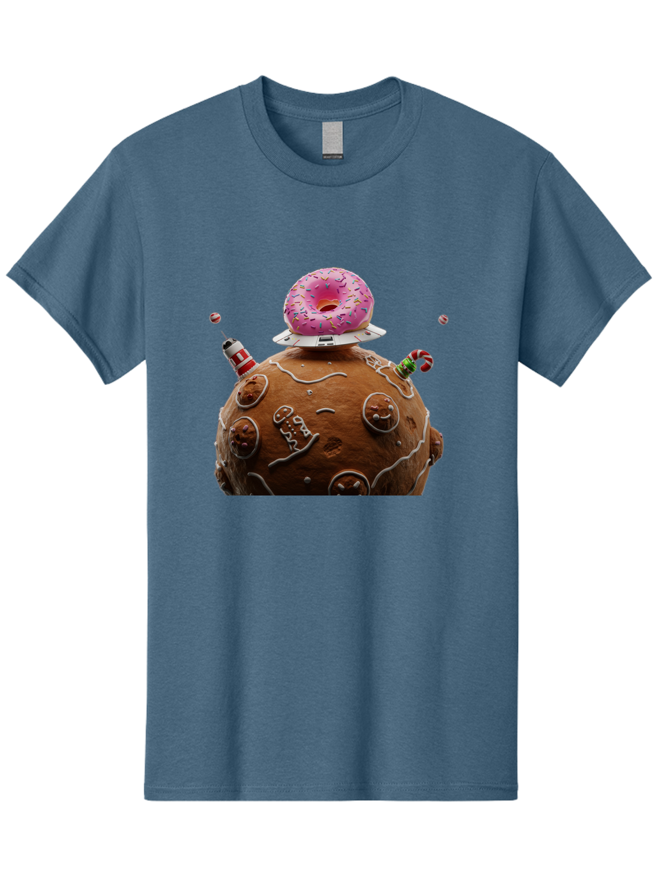 Gingerbread-Planet Men'S Graphic Tee, 100% Cotton, Comfortable Casual Summer Wear, Machine Washable, Donut Spaceship, Pink Donut, Gingerbread Planet, Candy Decorations, Icing Details, Whimsical Scene, Sweet Treats, Dessert Art, Ufo, Spaceship, Bab959