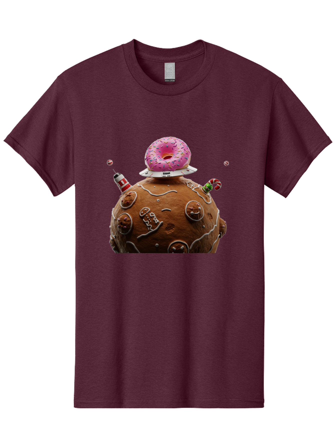 Gingerbread-Planet Men'S Graphic Tee, 100% Cotton, Comfortable Casual Summer Wear, Machine Washable, Donut Spaceship, Pink Donut, Gingerbread Planet, Candy Decorations, Icing Details, Whimsical Scene, Sweet Treats, Dessert Art, Ufo, Spaceship, Bab959