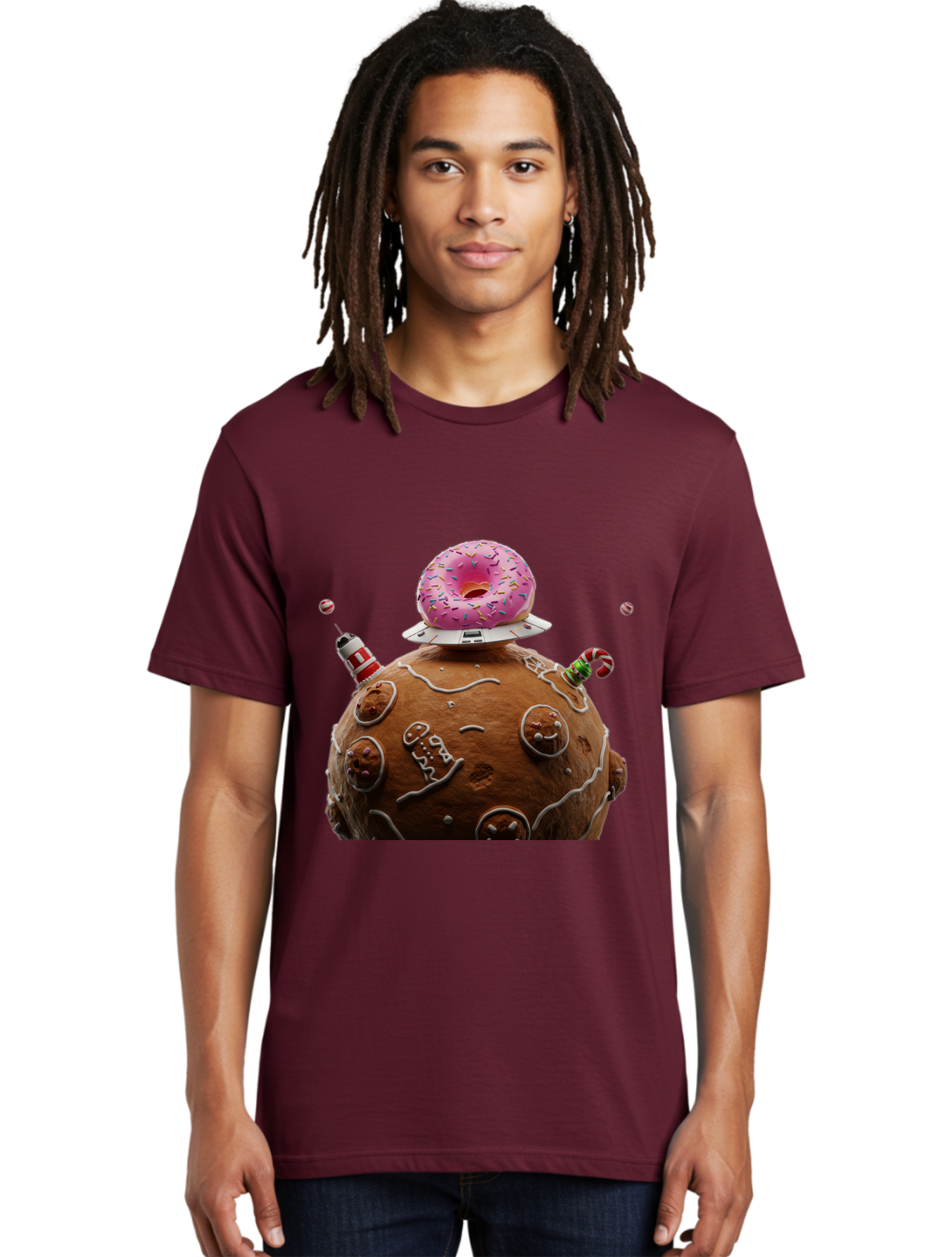 Gingerbread-Planet Men'S Graphic Tee, 100% Cotton, Comfortable Casual Summer Wear, Machine Washable, Donut Spaceship, Pink Donut, Gingerbread Planet, Candy Decorations, Icing Details, Whimsical Scene, Sweet Treats, Dessert Art, Ufo, Spaceship, Bab959