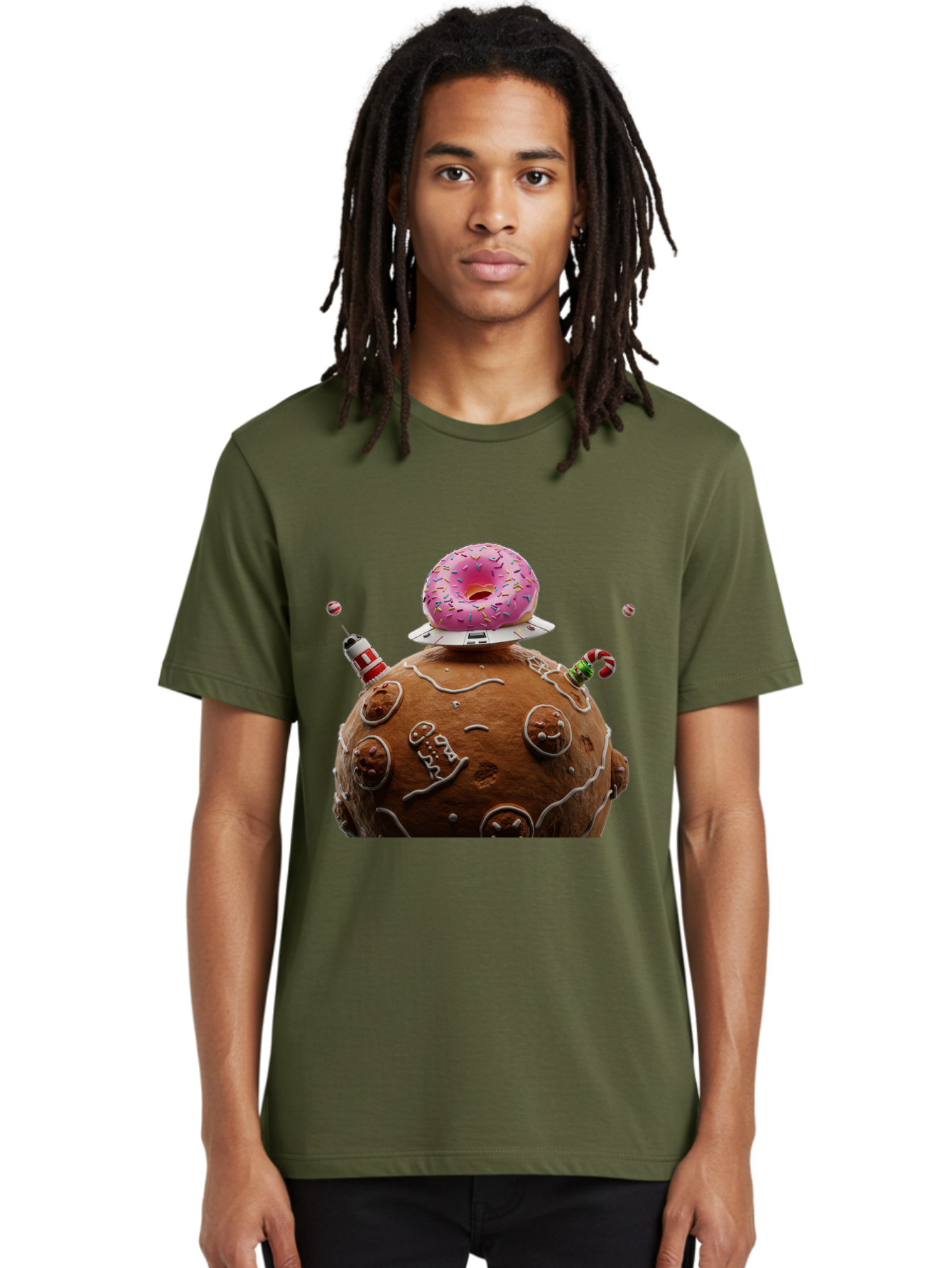 Gingerbread-Planet Men'S Graphic Tee, 100% Cotton, Comfortable Casual Summer Wear, Machine Washable, Donut Spaceship, Pink Donut, Gingerbread Planet, Candy Decorations, Icing Details, Whimsical Scene, Sweet Treats, Dessert Art, Ufo, Spaceship, Bab959