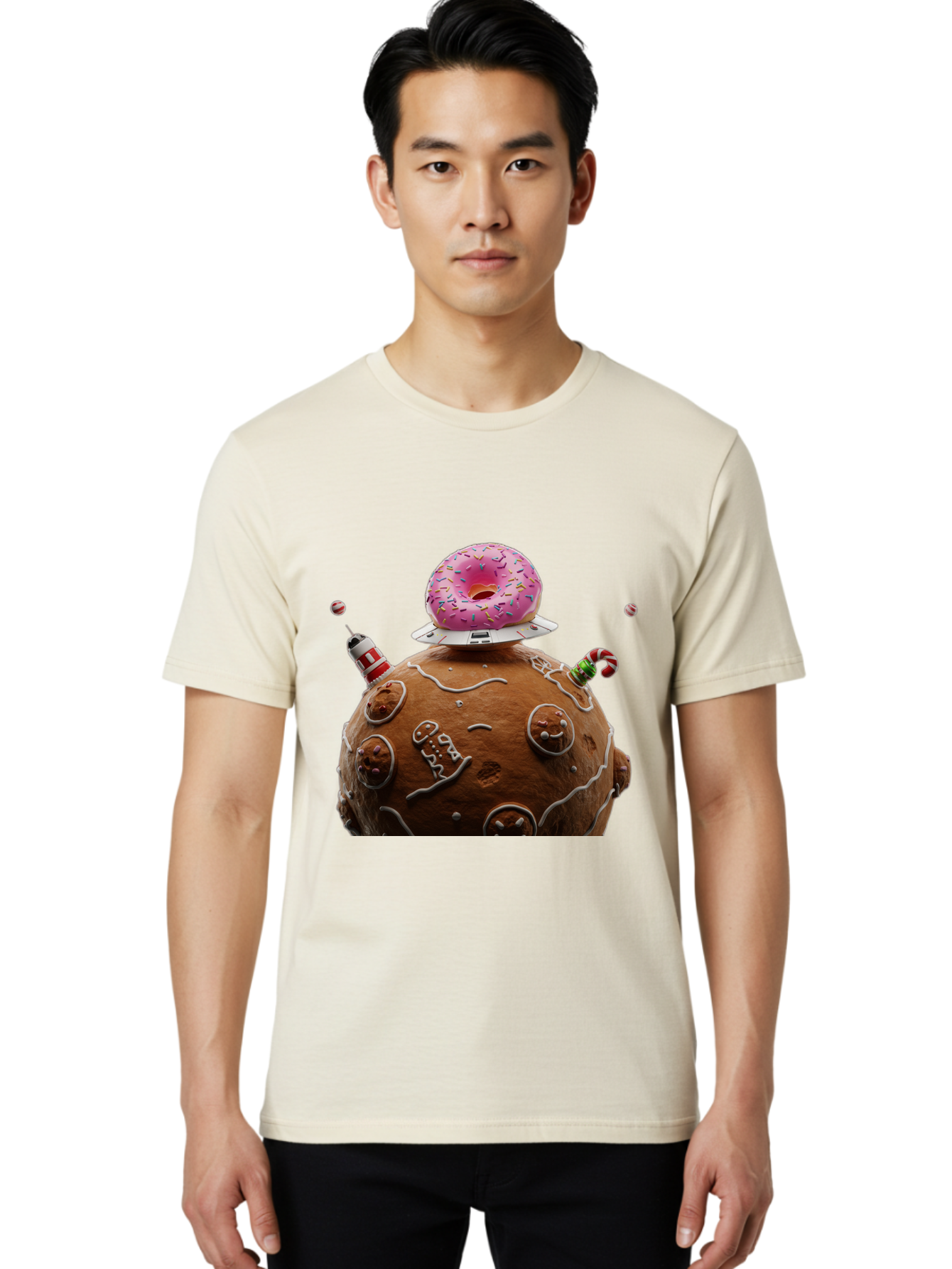 Gingerbread-Planet Men'S Graphic Tee, 100% Cotton, Comfortable Casual Summer Wear, Machine Washable, Donut Spaceship, Pink Donut, Gingerbread Planet, Candy Decorations, Icing Details, Whimsical Scene, Sweet Treats, Dessert Art, Ufo, Spaceship, Bab959