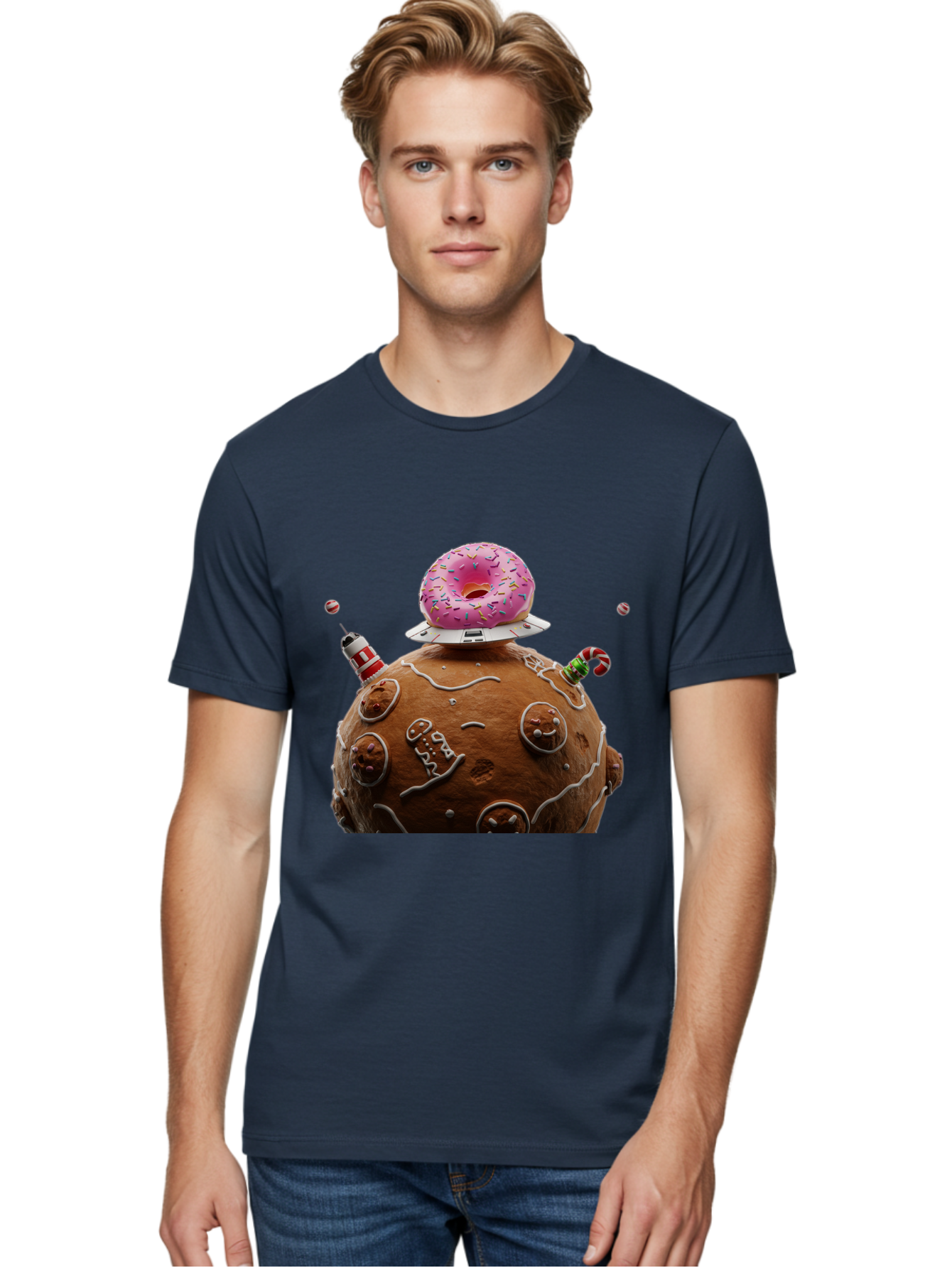 Gingerbread-Planet Men'S Graphic Tee, 100% Cotton, Comfortable Casual Summer Wear, Machine Washable, Donut Spaceship, Pink Donut, Gingerbread Planet, Candy Decorations, Icing Details, Whimsical Scene, Sweet Treats, Dessert Art, Ufo, Spaceship, Bab959
