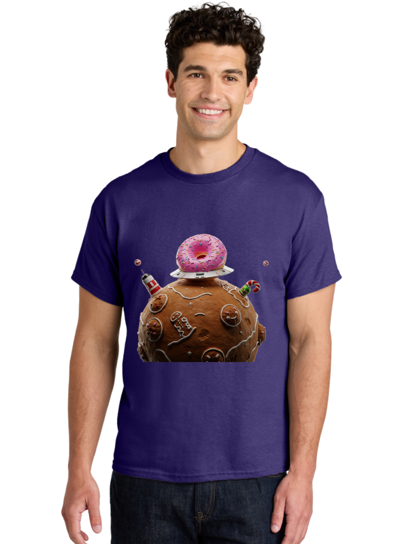 Gingerbread-Planet Men'S Graphic Tee, 100% Cotton, Comfortable Casual Summer Wear, Machine Washable, Donut Spaceship, Pink Donut, Gingerbread Planet, Candy Decorations, Icing Details, Whimsical Scene, Sweet Treats, Dessert Art, Ufo, Spaceship, Bab959