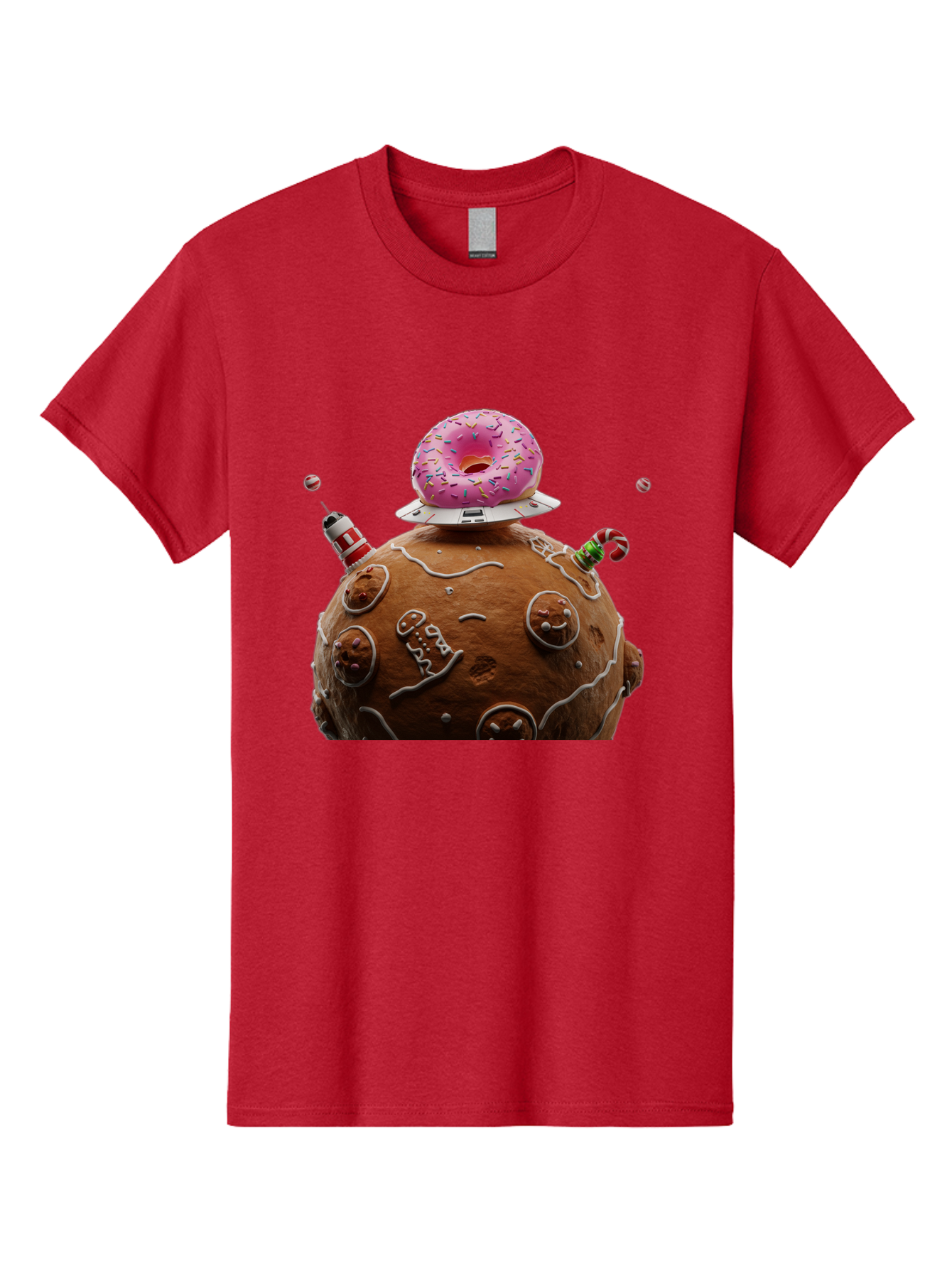 Gingerbread-Planet Men'S Graphic Tee, 100% Cotton, Comfortable Casual Summer Wear, Machine Washable, Donut Spaceship, Pink Donut, Gingerbread Planet, Candy Decorations, Icing Details, Whimsical Scene, Sweet Treats, Dessert Art, Ufo, Spaceship, Bab959