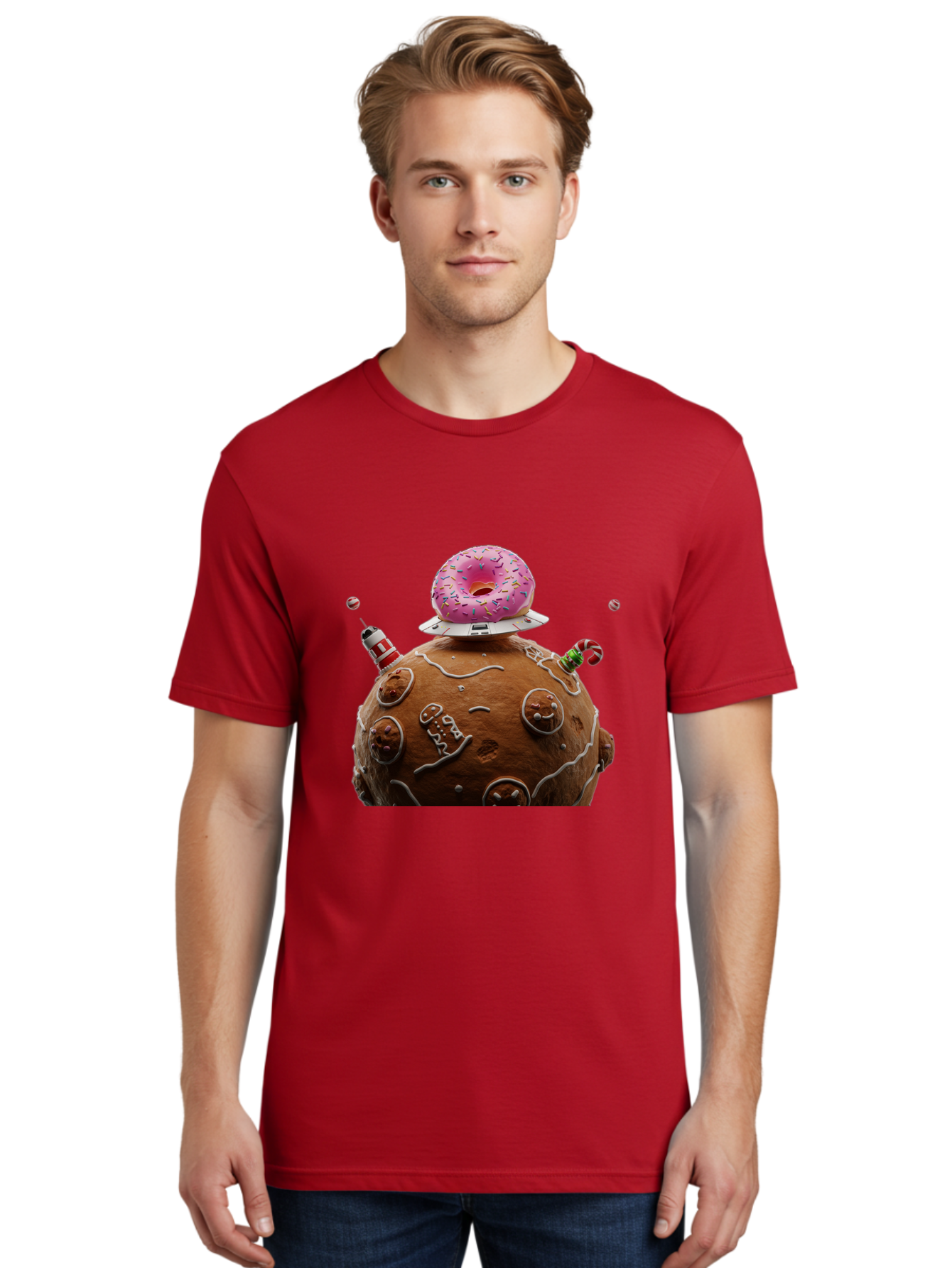Gingerbread-Planet Men'S Graphic Tee, 100% Cotton, Comfortable Casual Summer Wear, Machine Washable, Donut Spaceship, Pink Donut, Gingerbread Planet, Candy Decorations, Icing Details, Whimsical Scene, Sweet Treats, Dessert Art, Ufo, Spaceship, Bab959