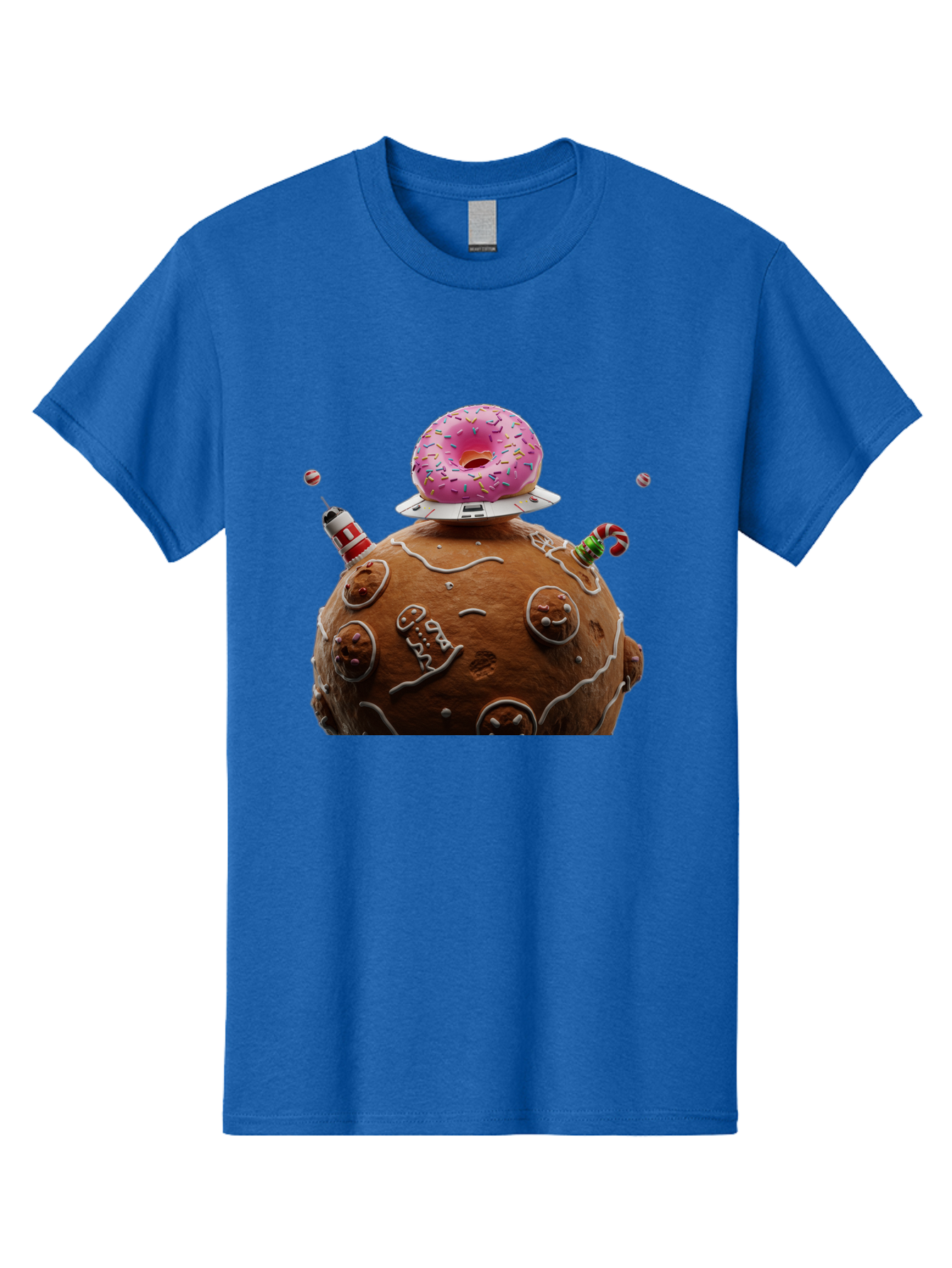 Gingerbread-Planet Men'S Graphic Tee, 100% Cotton, Comfortable Casual Summer Wear, Machine Washable, Donut Spaceship, Pink Donut, Gingerbread Planet, Candy Decorations, Icing Details, Whimsical Scene, Sweet Treats, Dessert Art, Ufo, Spaceship, Bab959