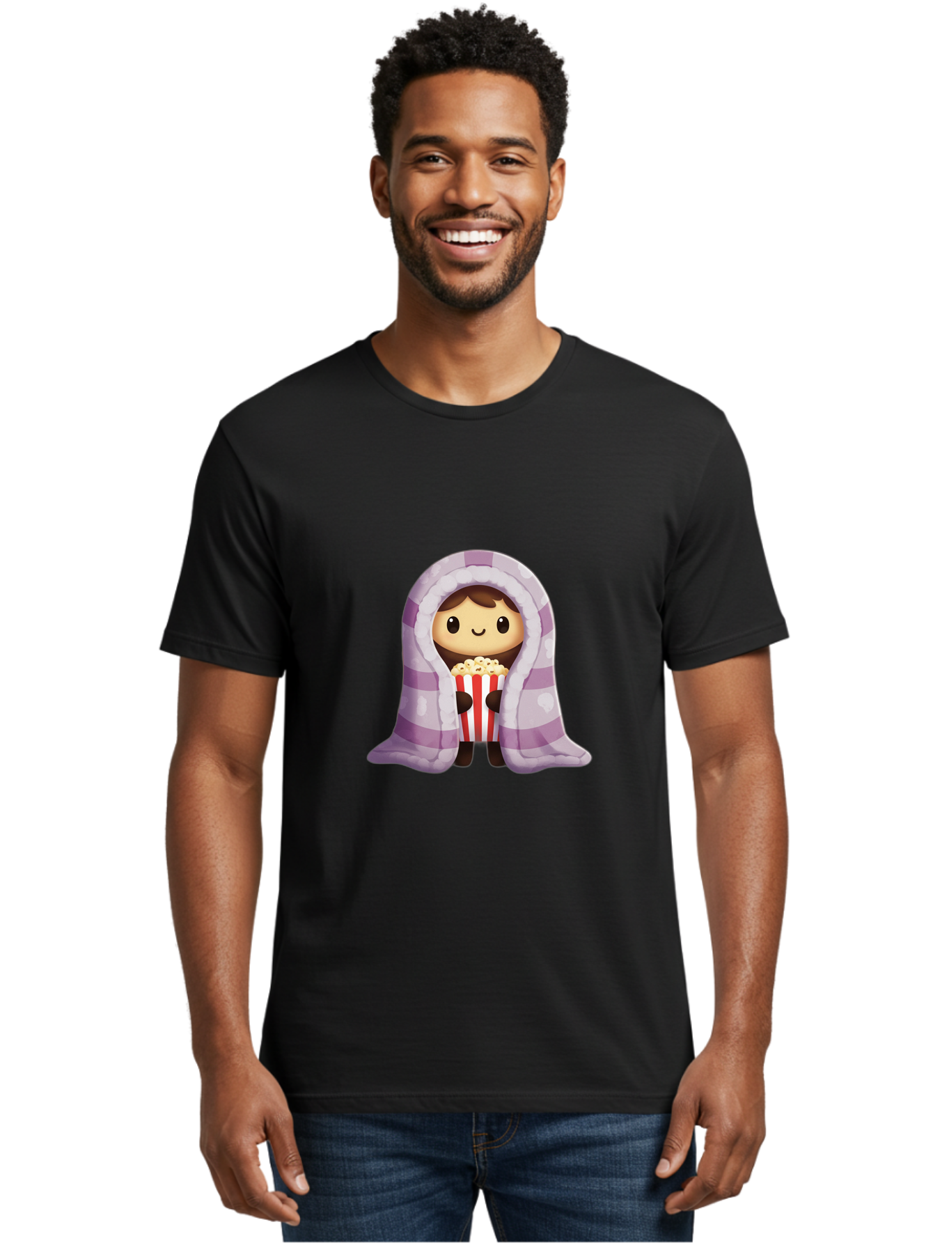 Girl-With-Popcorn Men'S Graphic Tee, 100% Cotton, Comfortable Casual Summer Wear, Machine Washable, Cartoon Girl, Wrapped In Blanket, Holding Popcorn, Cozy Atmosphere, Relaxed Mood, Kawaii Style, Cute Character, Movie Night, Snack Time, Bab960