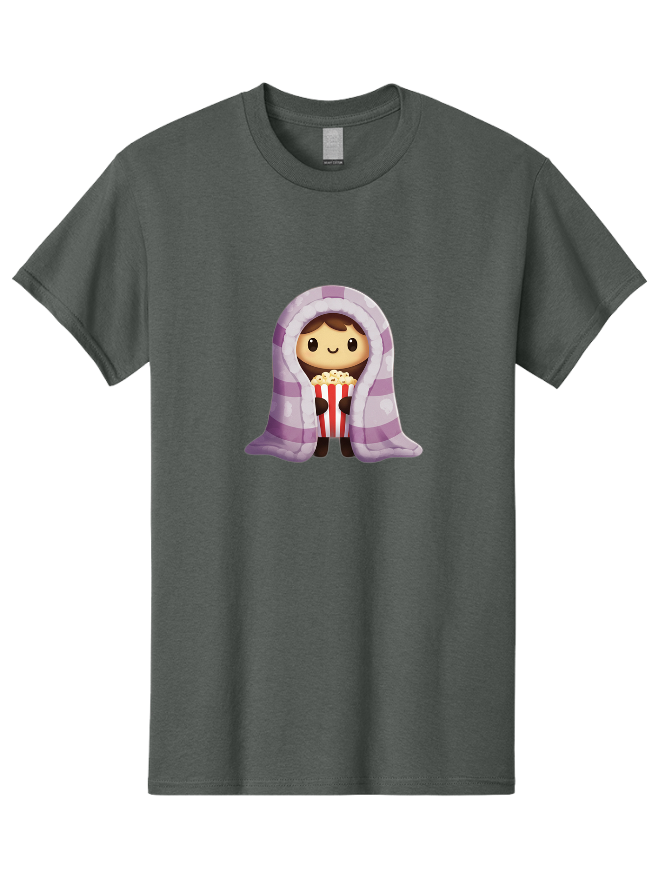 Girl-With-Popcorn Men'S Graphic Tee, 100% Cotton, Comfortable Casual Summer Wear, Machine Washable, Cartoon Girl, Wrapped In Blanket, Holding Popcorn, Cozy Atmosphere, Relaxed Mood, Kawaii Style, Cute Character, Movie Night, Snack Time, Bab960