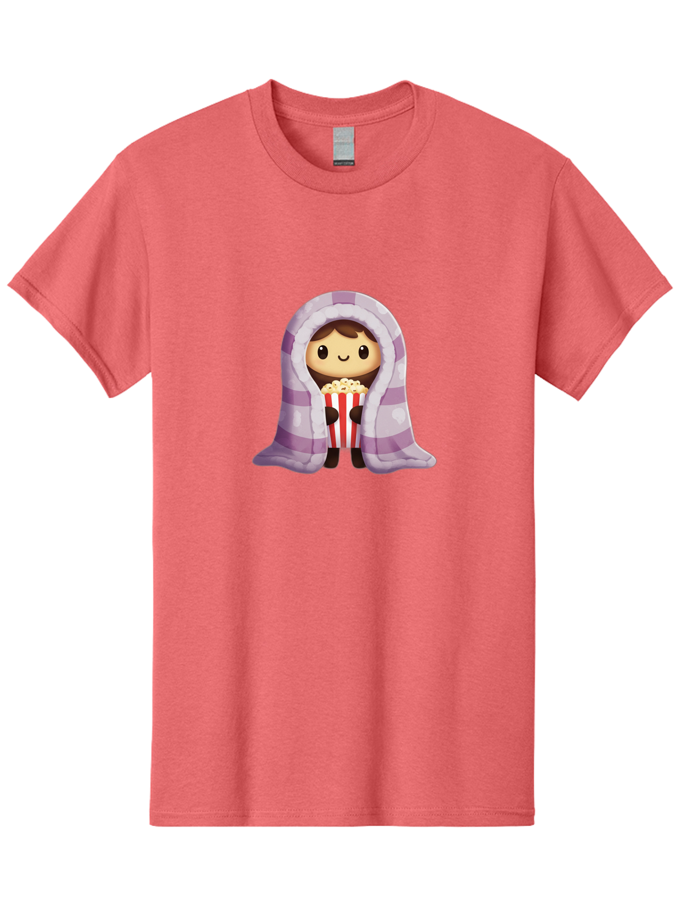 Girl-With-Popcorn Men'S Graphic Tee, 100% Cotton, Comfortable Casual Summer Wear, Machine Washable, Cartoon Girl, Wrapped In Blanket, Holding Popcorn, Cozy Atmosphere, Relaxed Mood, Kawaii Style, Cute Character, Movie Night, Snack Time, Bab960