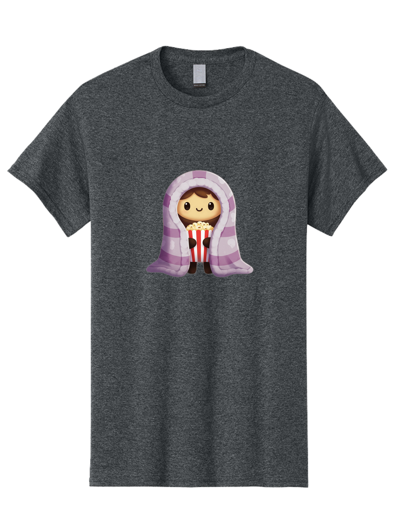 Girl-With-Popcorn Men'S Graphic Tee, 100% Cotton, Comfortable Casual Summer Wear, Machine Washable, Cartoon Girl, Wrapped In Blanket, Holding Popcorn, Cozy Atmosphere, Relaxed Mood, Kawaii Style, Cute Character, Movie Night, Snack Time, Bab960