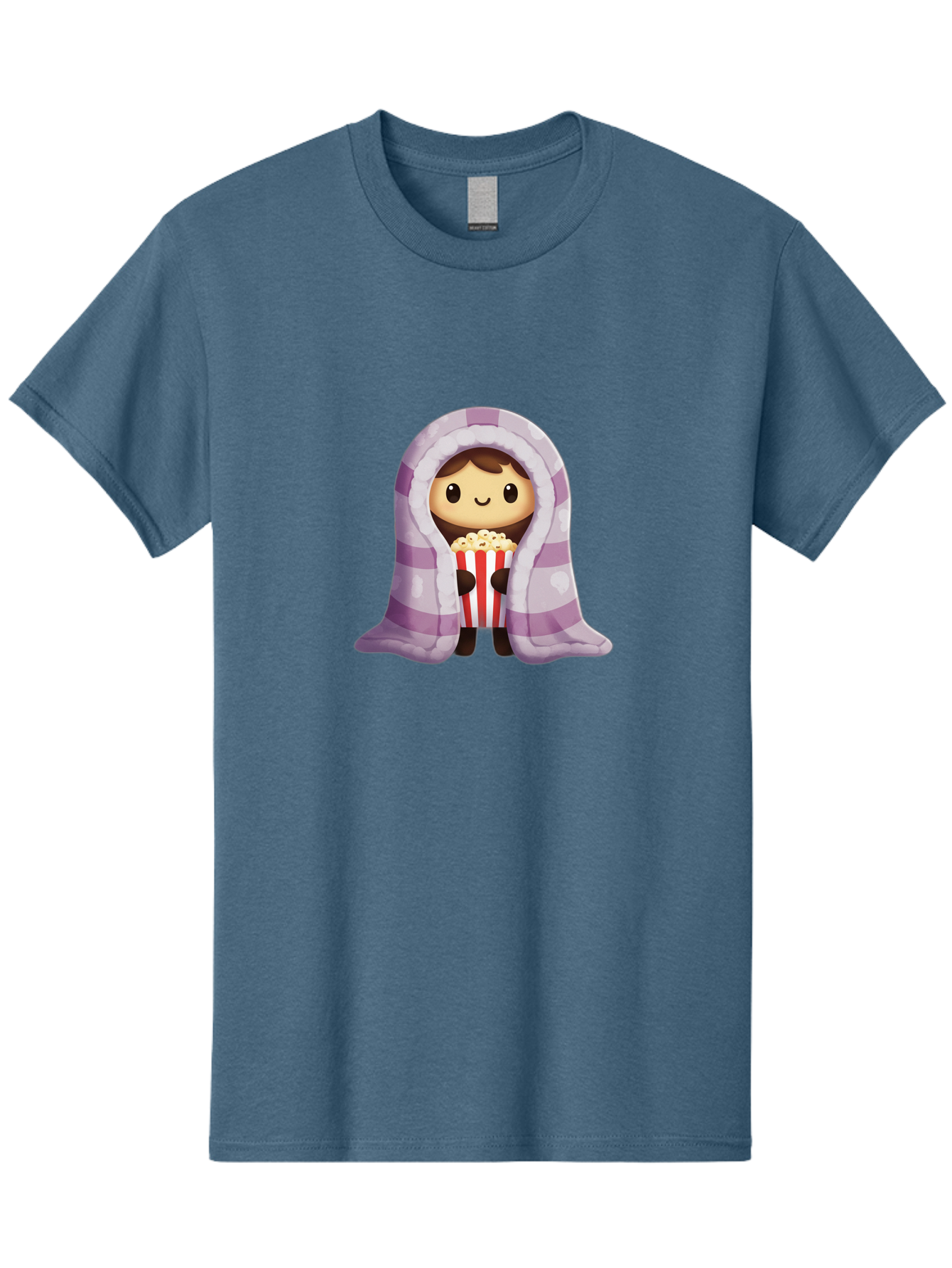Girl-With-Popcorn Men'S Graphic Tee, 100% Cotton, Comfortable Casual Summer Wear, Machine Washable, Cartoon Girl, Wrapped In Blanket, Holding Popcorn, Cozy Atmosphere, Relaxed Mood, Kawaii Style, Cute Character, Movie Night, Snack Time, Bab960