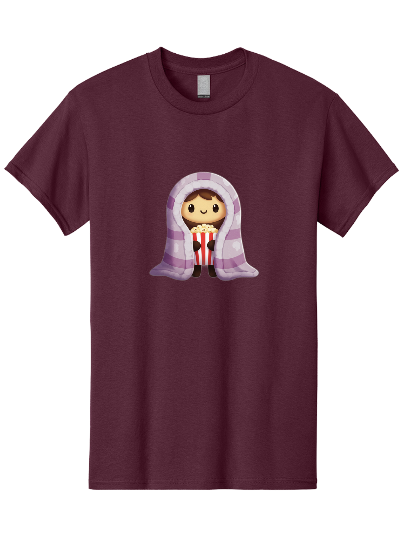 Girl-With-Popcorn Men'S Graphic Tee, 100% Cotton, Comfortable Casual Summer Wear, Machine Washable, Cartoon Girl, Wrapped In Blanket, Holding Popcorn, Cozy Atmosphere, Relaxed Mood, Kawaii Style, Cute Character, Movie Night, Snack Time, Bab960