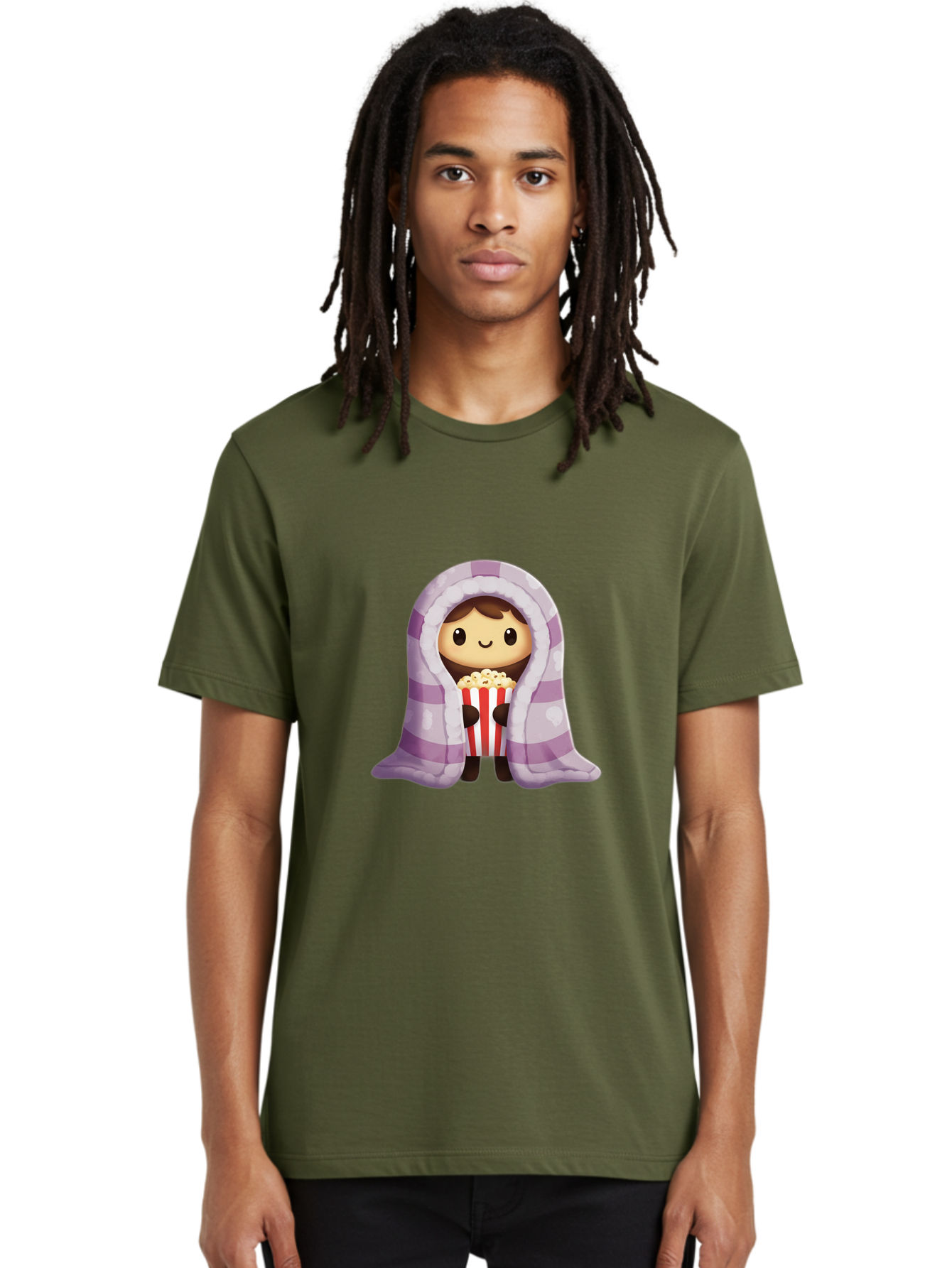 Girl-With-Popcorn Men'S Graphic Tee, 100% Cotton, Comfortable Casual Summer Wear, Machine Washable, Cartoon Girl, Wrapped In Blanket, Holding Popcorn, Cozy Atmosphere, Relaxed Mood, Kawaii Style, Cute Character, Movie Night, Snack Time, Bab960