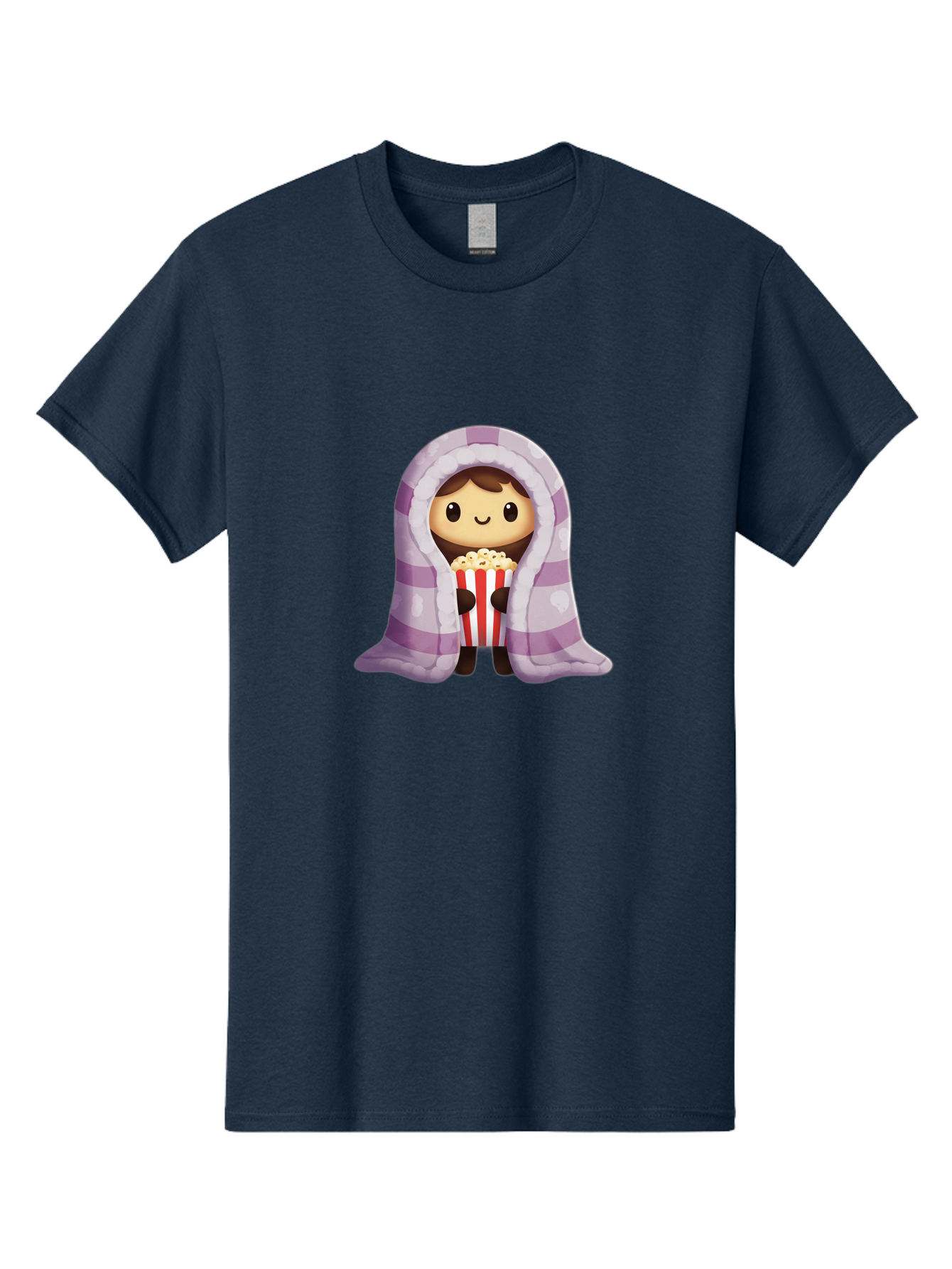 Girl-With-Popcorn Men'S Graphic Tee, 100% Cotton, Comfortable Casual Summer Wear, Machine Washable, Cartoon Girl, Wrapped In Blanket, Holding Popcorn, Cozy Atmosphere, Relaxed Mood, Kawaii Style, Cute Character, Movie Night, Snack Time, Bab960