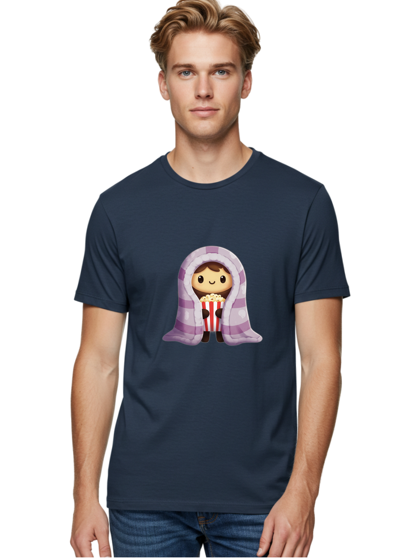 Girl-With-Popcorn Men'S Graphic Tee, 100% Cotton, Comfortable Casual Summer Wear, Machine Washable, Cartoon Girl, Wrapped In Blanket, Holding Popcorn, Cozy Atmosphere, Relaxed Mood, Kawaii Style, Cute Character, Movie Night, Snack Time, Bab960