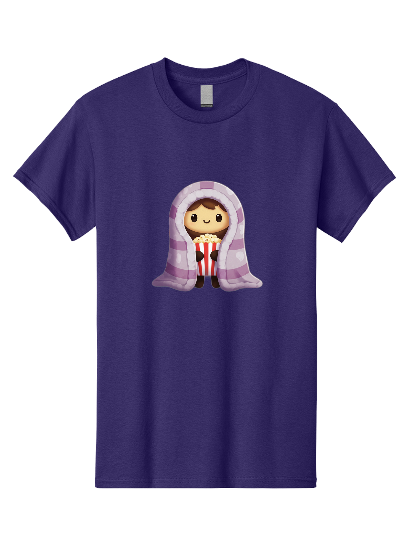 Girl-With-Popcorn Men'S Graphic Tee, 100% Cotton, Comfortable Casual Summer Wear, Machine Washable, Cartoon Girl, Wrapped In Blanket, Holding Popcorn, Cozy Atmosphere, Relaxed Mood, Kawaii Style, Cute Character, Movie Night, Snack Time, Bab960