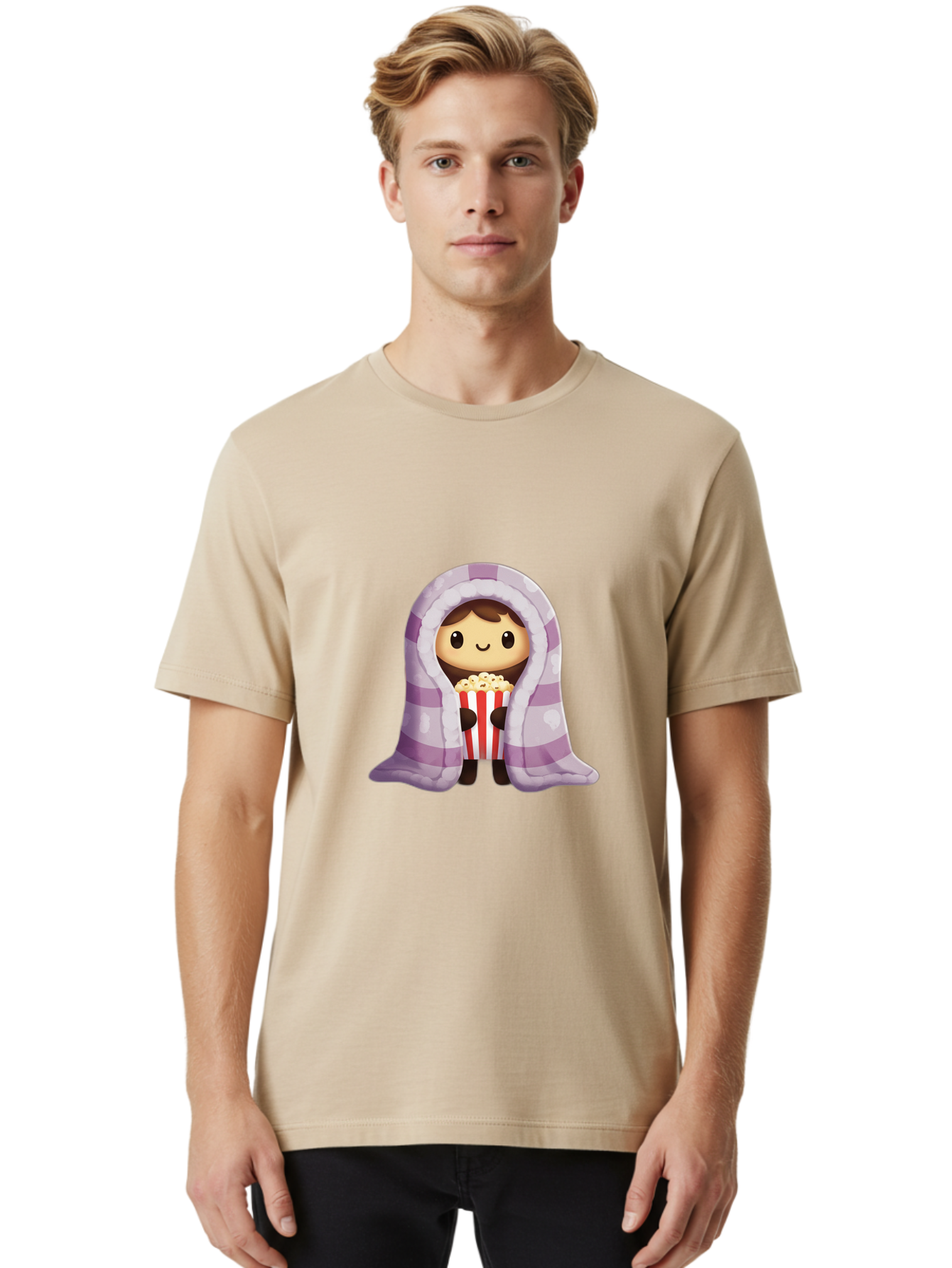 Girl-With-Popcorn Men'S Graphic Tee, 100% Cotton, Comfortable Casual Summer Wear, Machine Washable, Cartoon Girl, Wrapped In Blanket, Holding Popcorn, Cozy Atmosphere, Relaxed Mood, Kawaii Style, Cute Character, Movie Night, Snack Time, Bab960